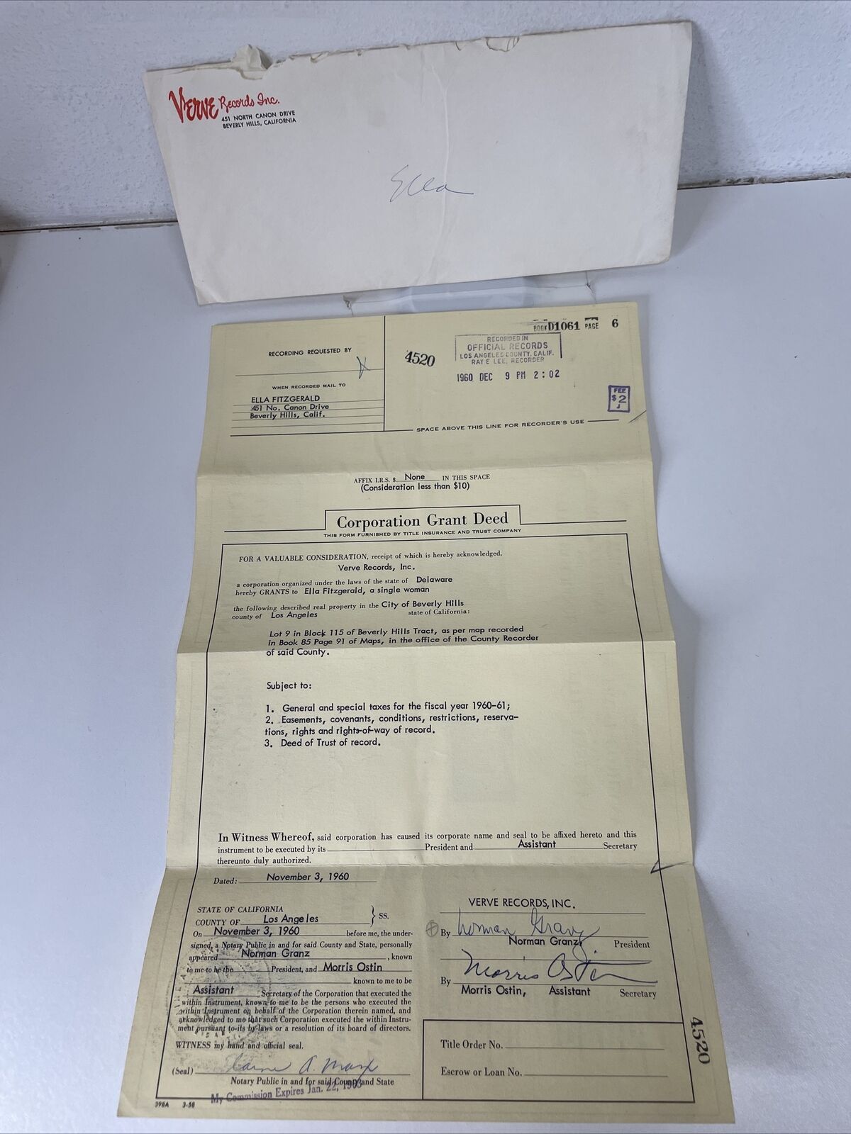 ELLA FITZGERALD (QUEEN OF JAZZ) CORPORATION GRANT DEED FROM VERVE RECORDS ~ 1960