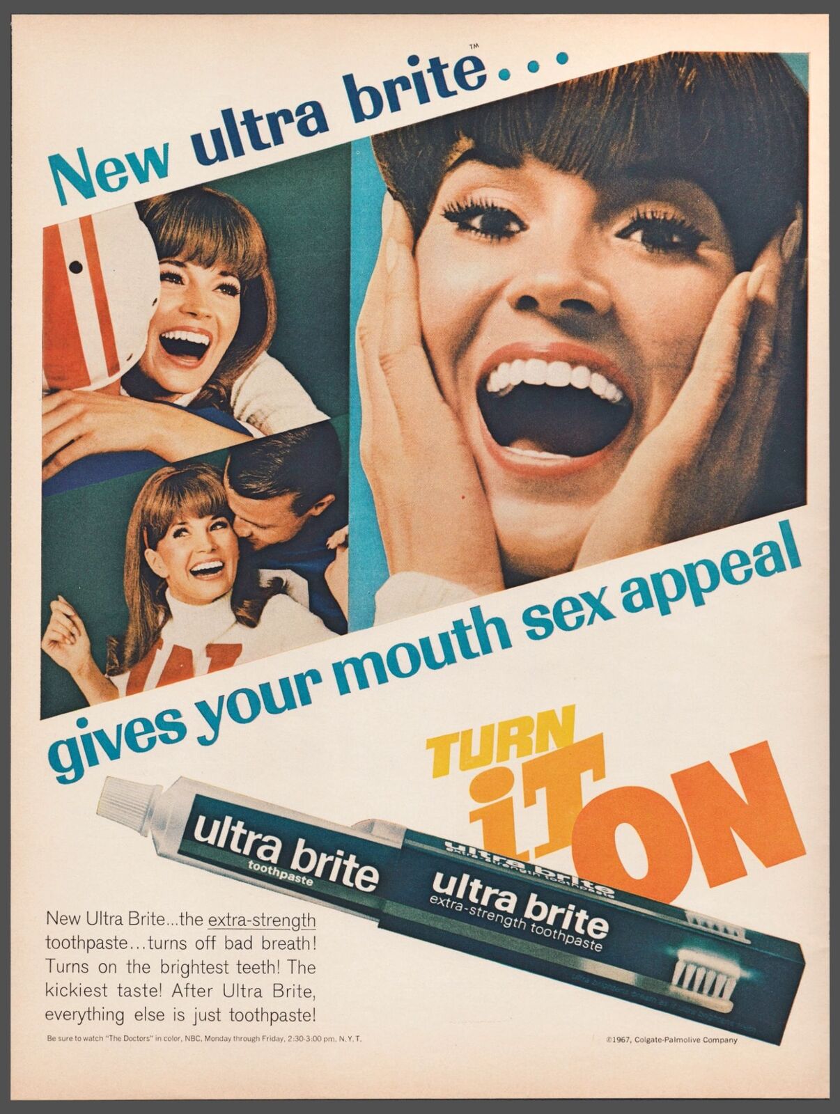 1967 Ultra Brite Toothpaste Vintage Print Ad Sex Appeal Cheerleader Football Art