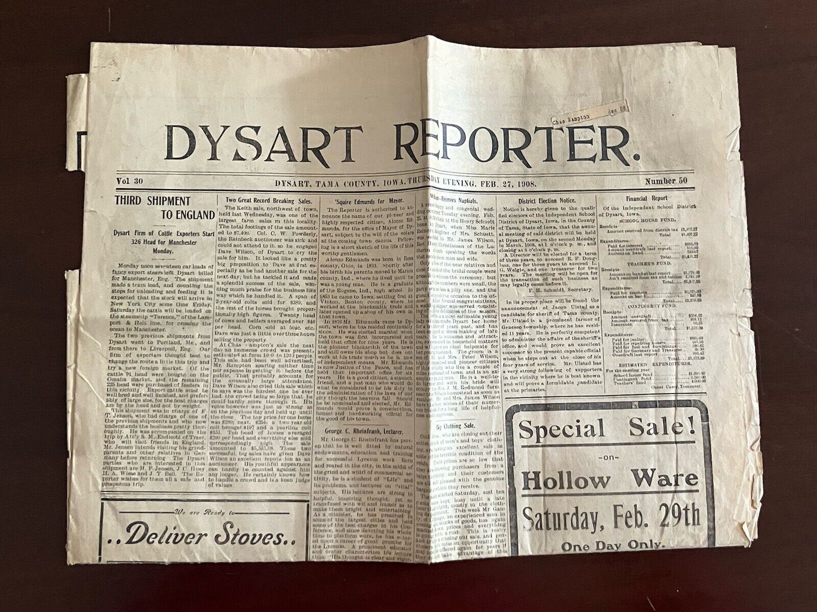 dysart reporter february 1908 IOWA old obscure newspaper SCARCE