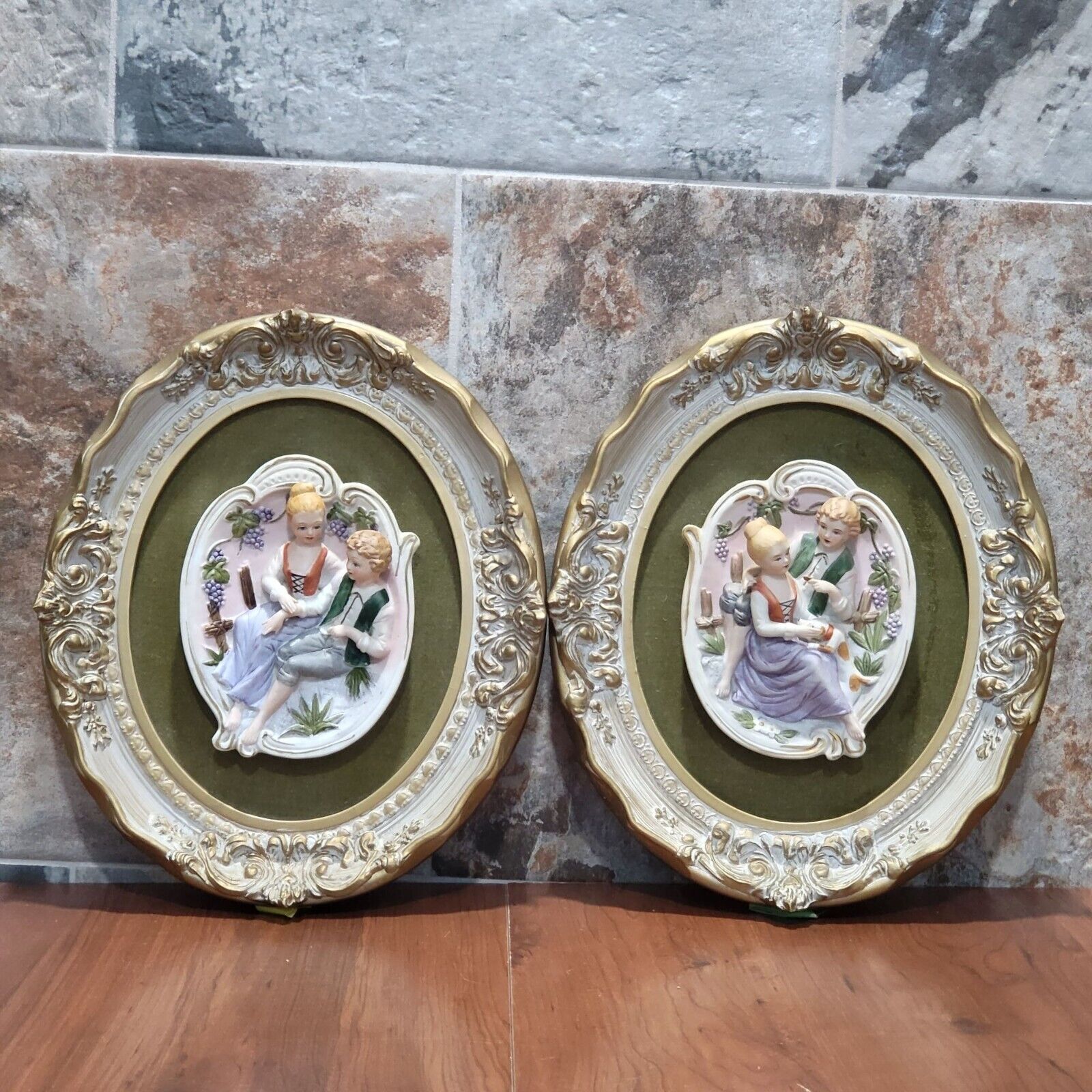 French Provential Bas Relief Art Work Boy Girl Victorian Bisque Green Set of 2