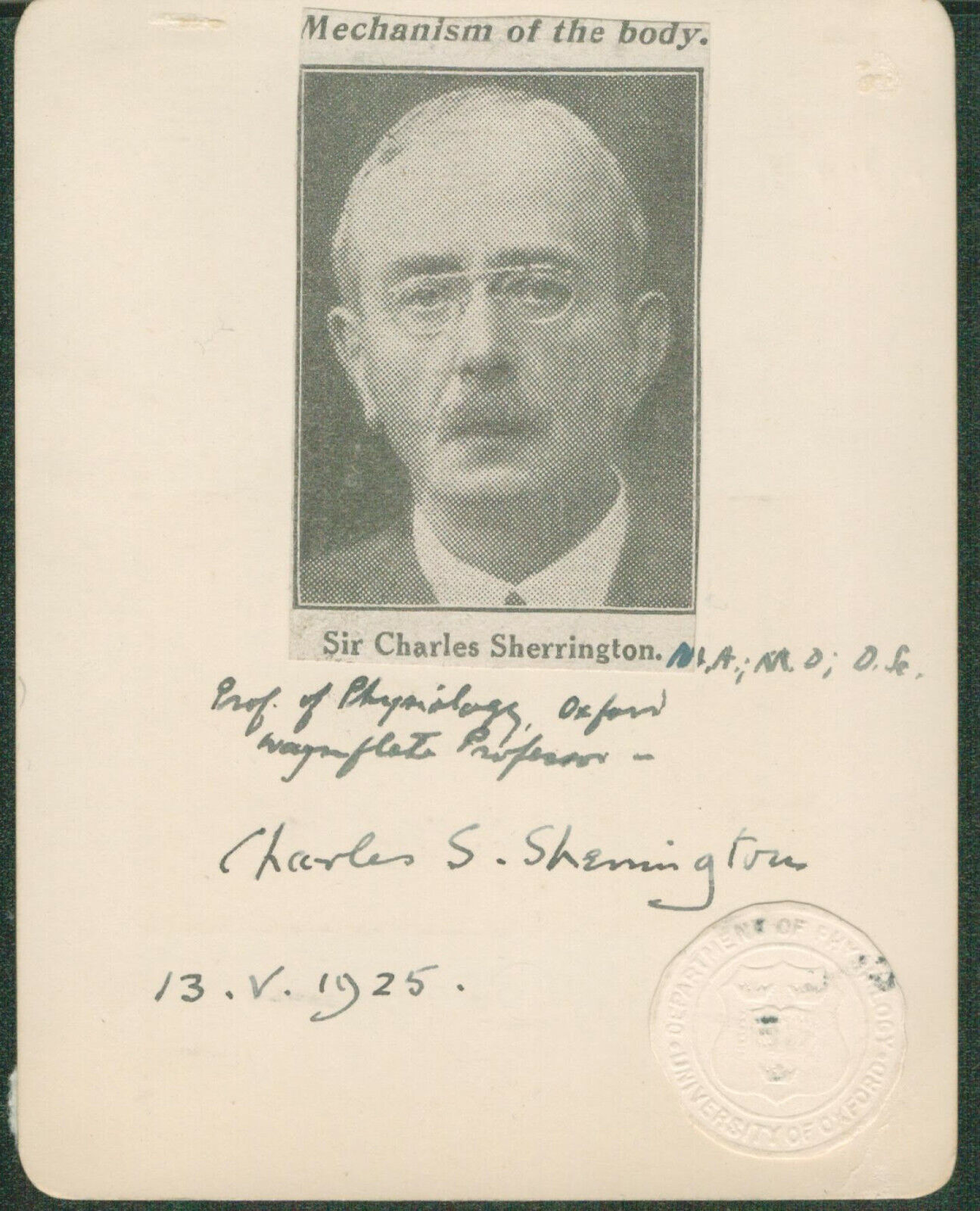 Sir Charles Sherrington SIGNED AUTOGRAPHED Card Nobel Neurons Physiologist