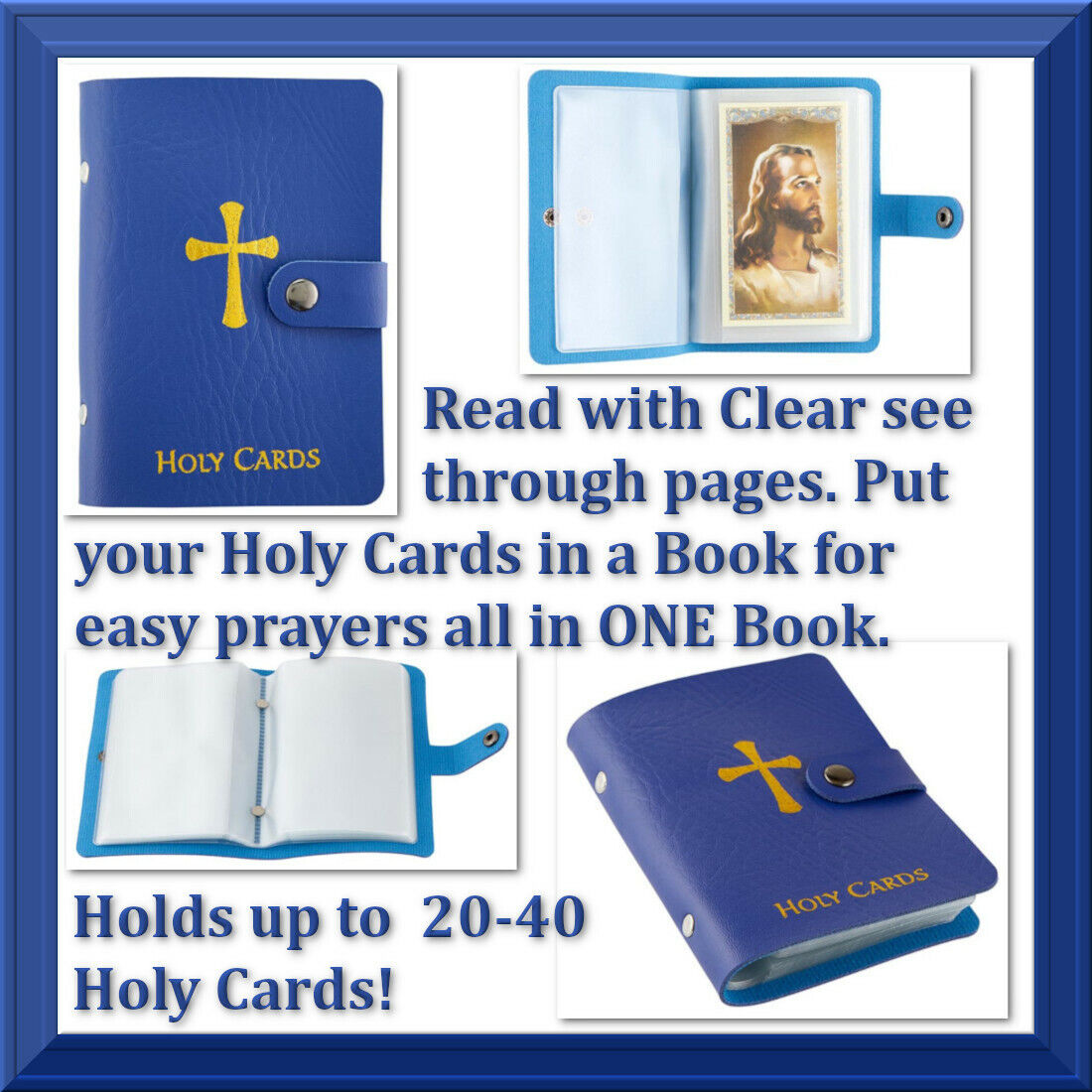 Catholic Holy Prayer Card Holder Book Album BLUE Leatherette Holds 20-40 Cards