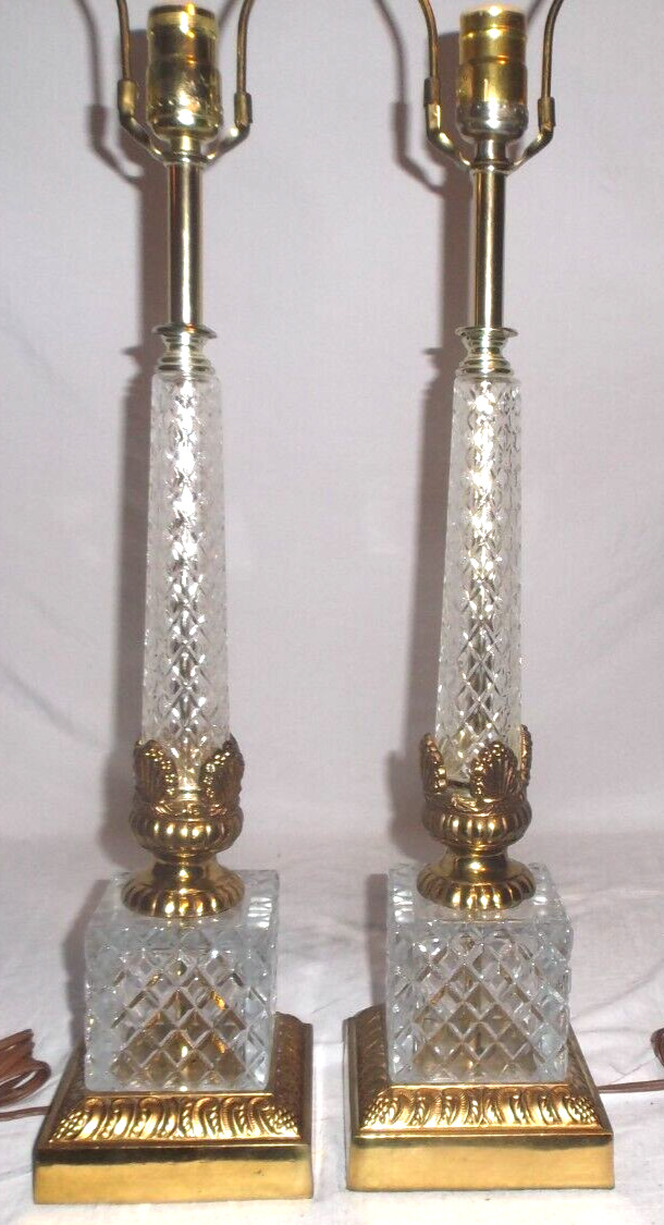 Vintage Pair Of Cast Brass And Crystal Corinthian Column Table Lamps