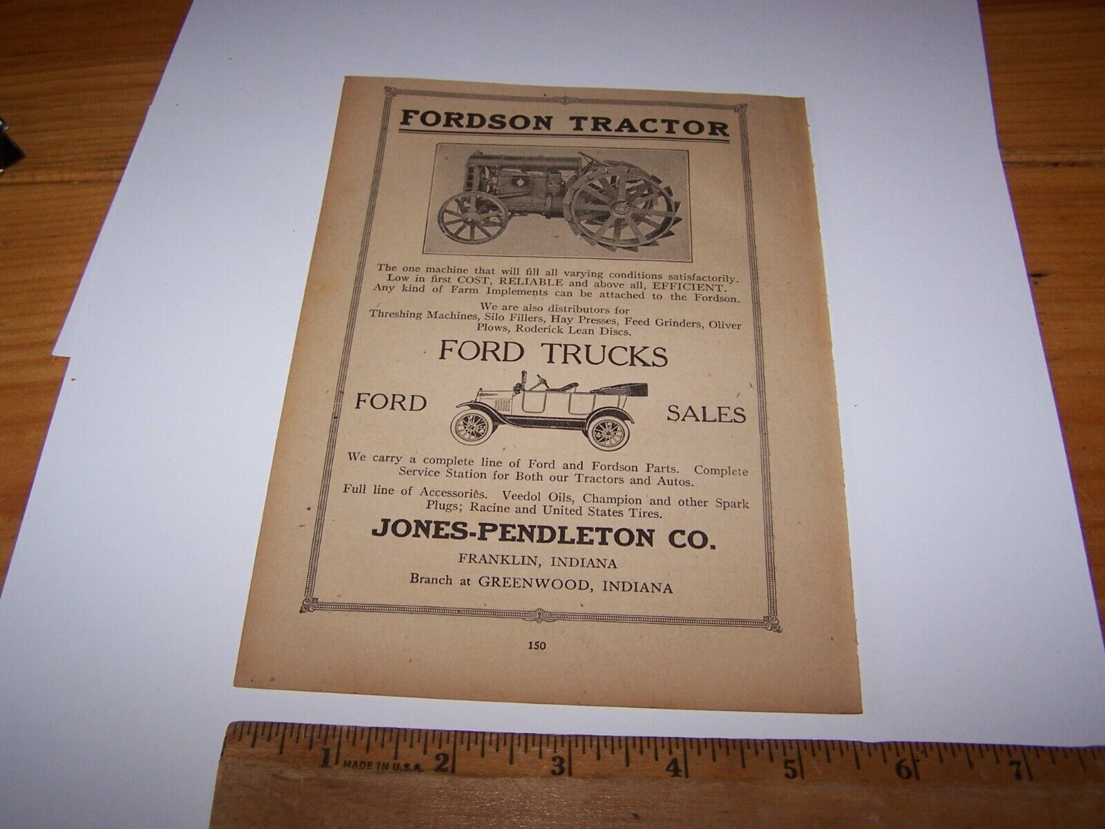 1916 JONES PENDLETON FORD & FORDSON Dealer - Paper Ad FRANKLIN GREENWOOD INDIANA