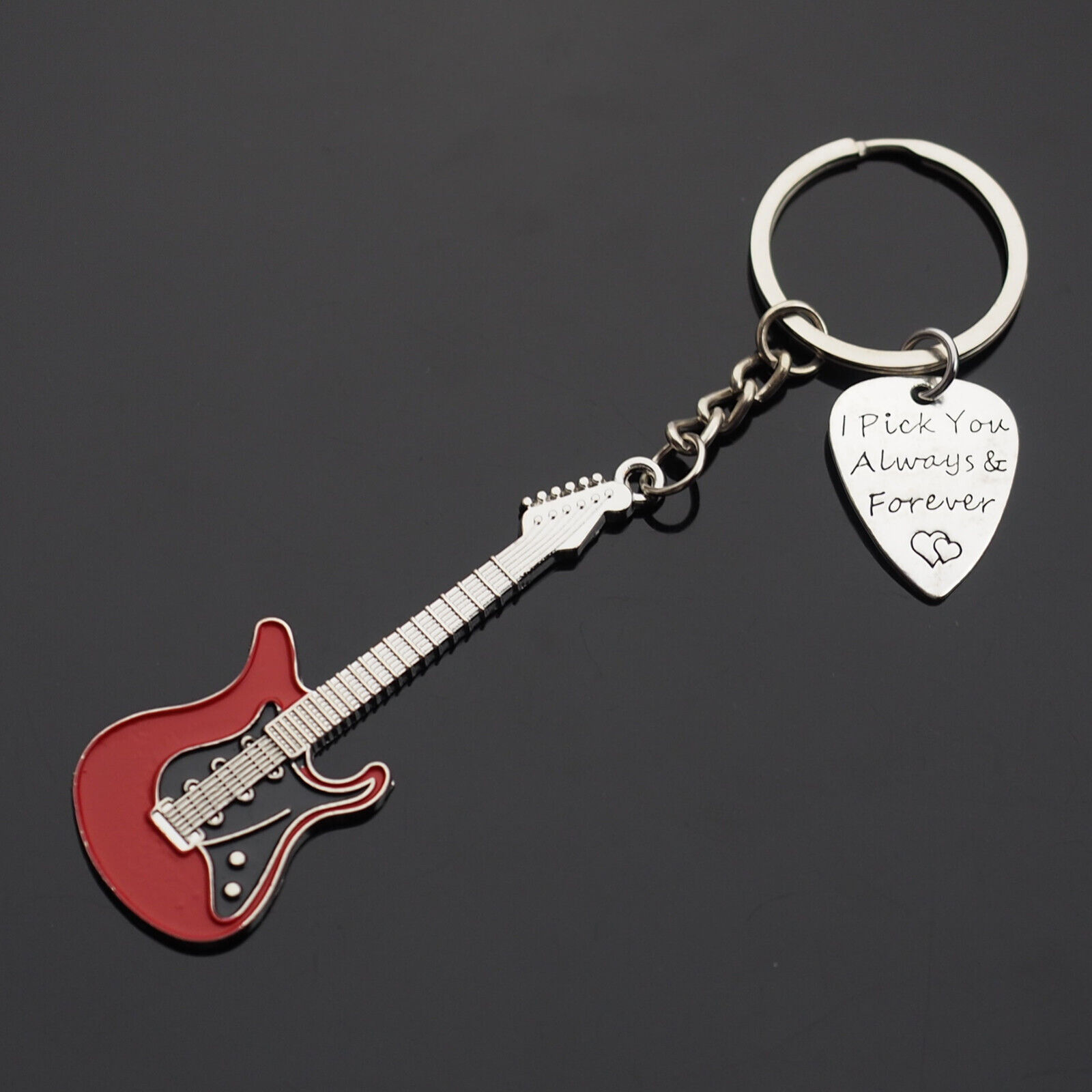 Red Guitar & Pick Keychain I Pick You Always & Forever Hearts Love Music Gift