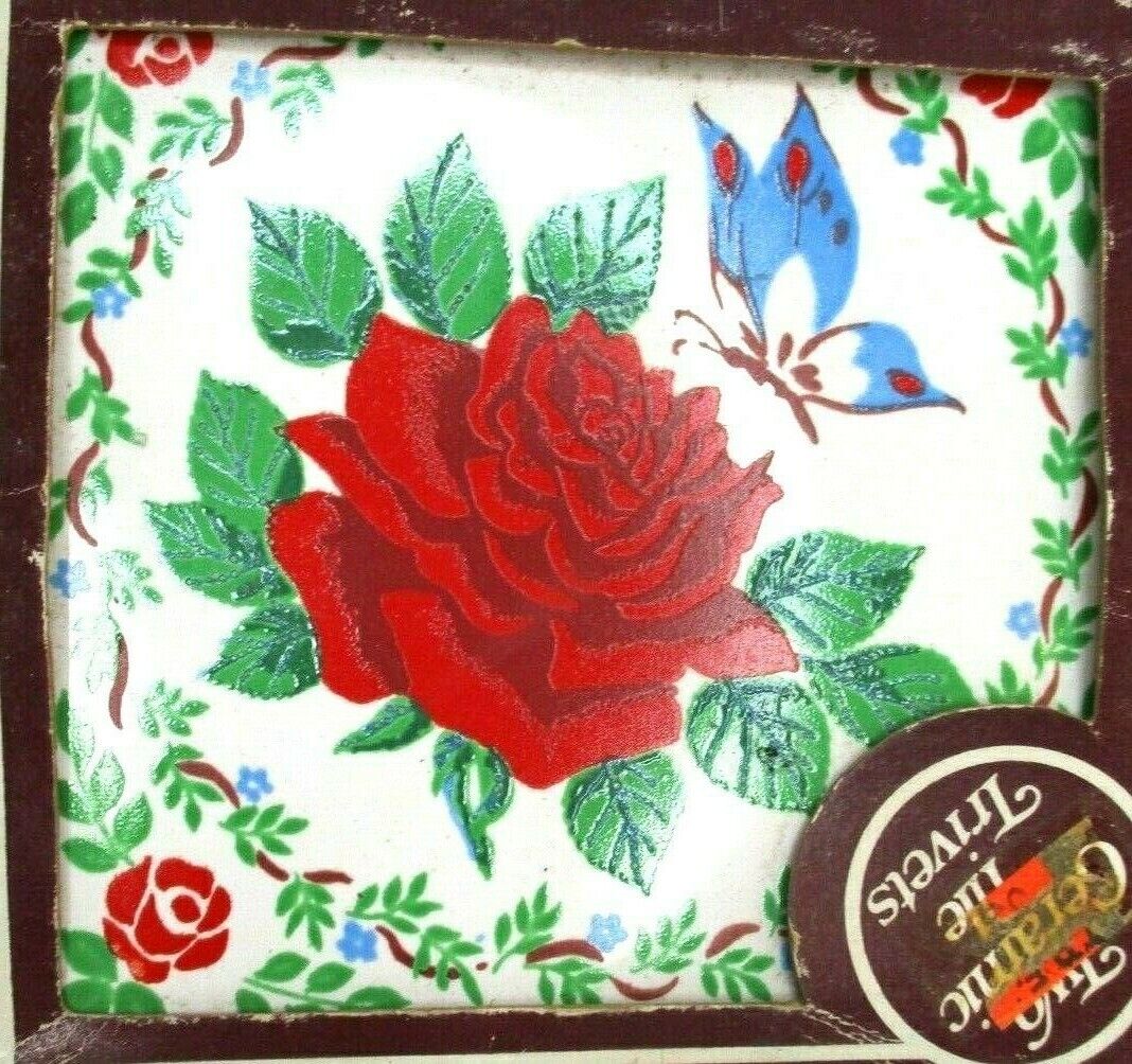 4 Vintage Jasco Ceramic Tile Trivets Butterflies & Roses NOS 2 Boxes 4.25\