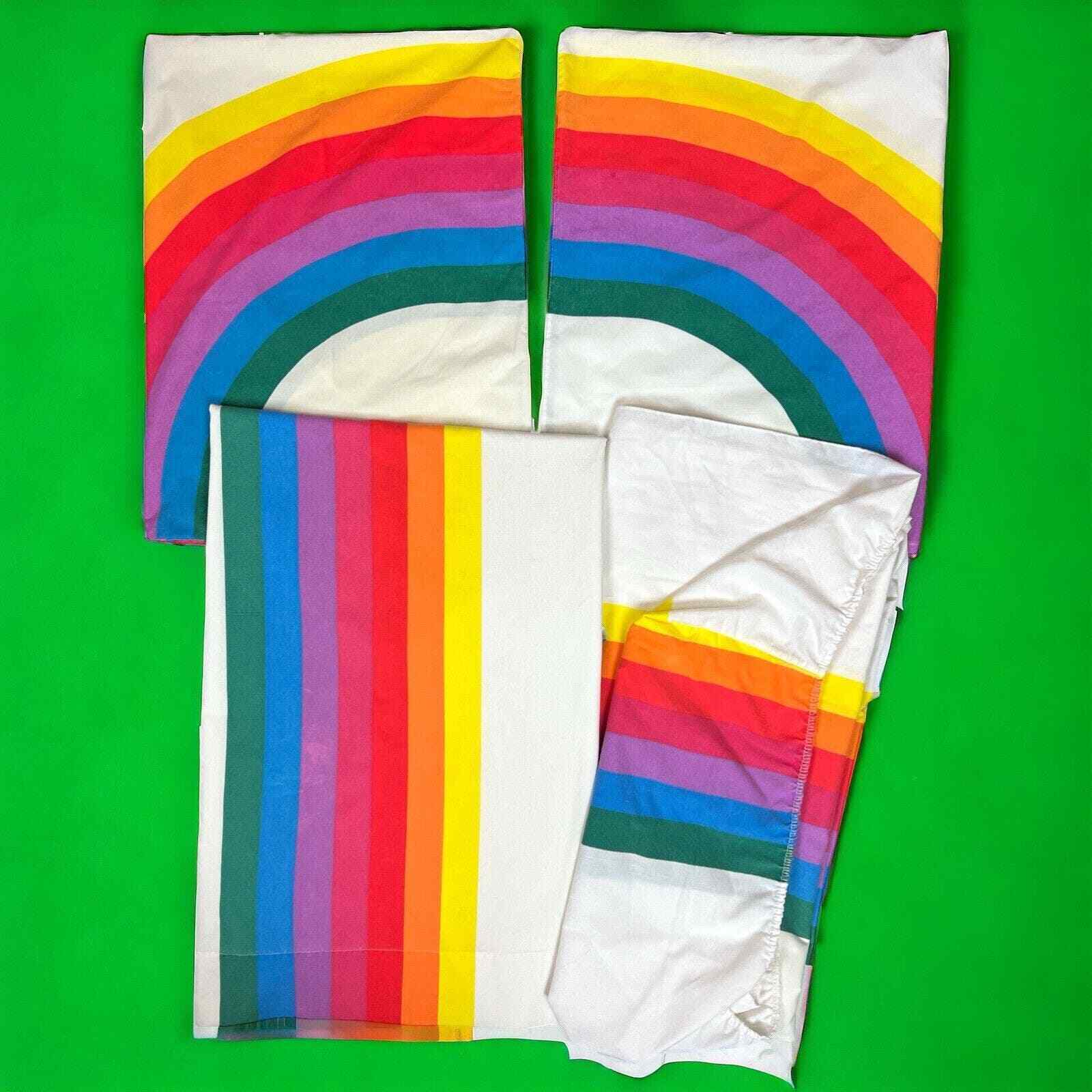 Vintage Wamsutta Tomorrows Rainbow 70s 80s Flat Fitted Sheet Pillowcase TWIN Set