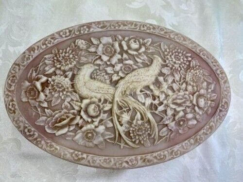 Vintage 1960s Incolay Stone 10” x 7” Oval Jewelry Box Birds of Paradise - Large