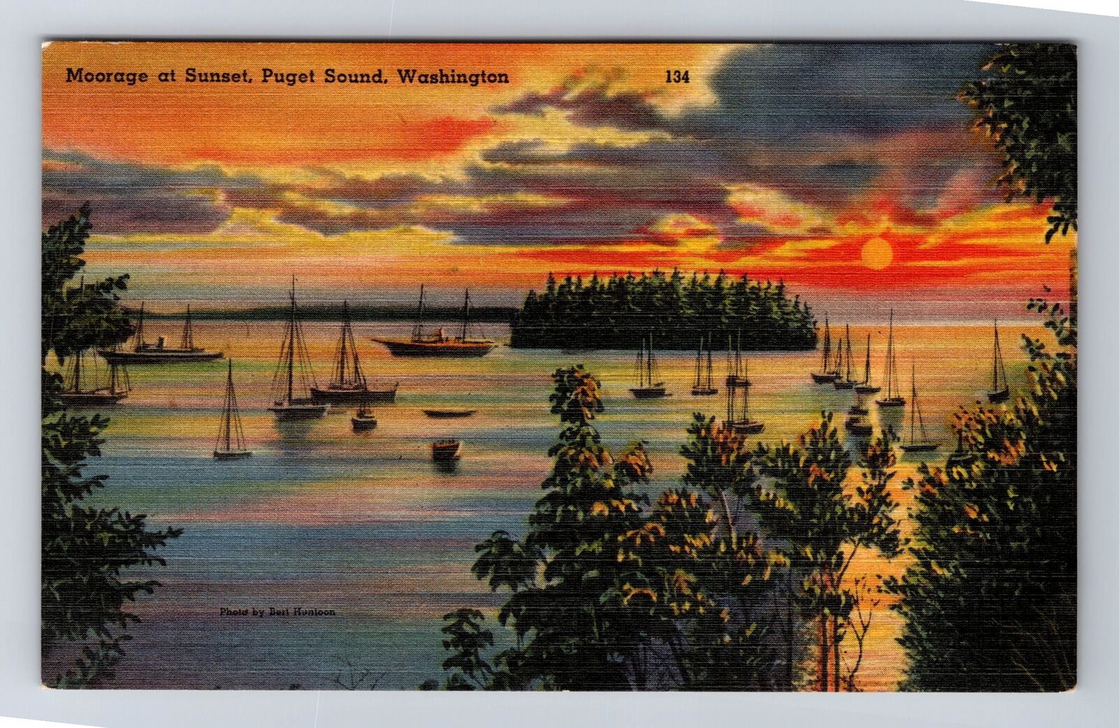 Puget Sound WA- Washington, Moorage At Sunset, Antique, Vintage Postcard