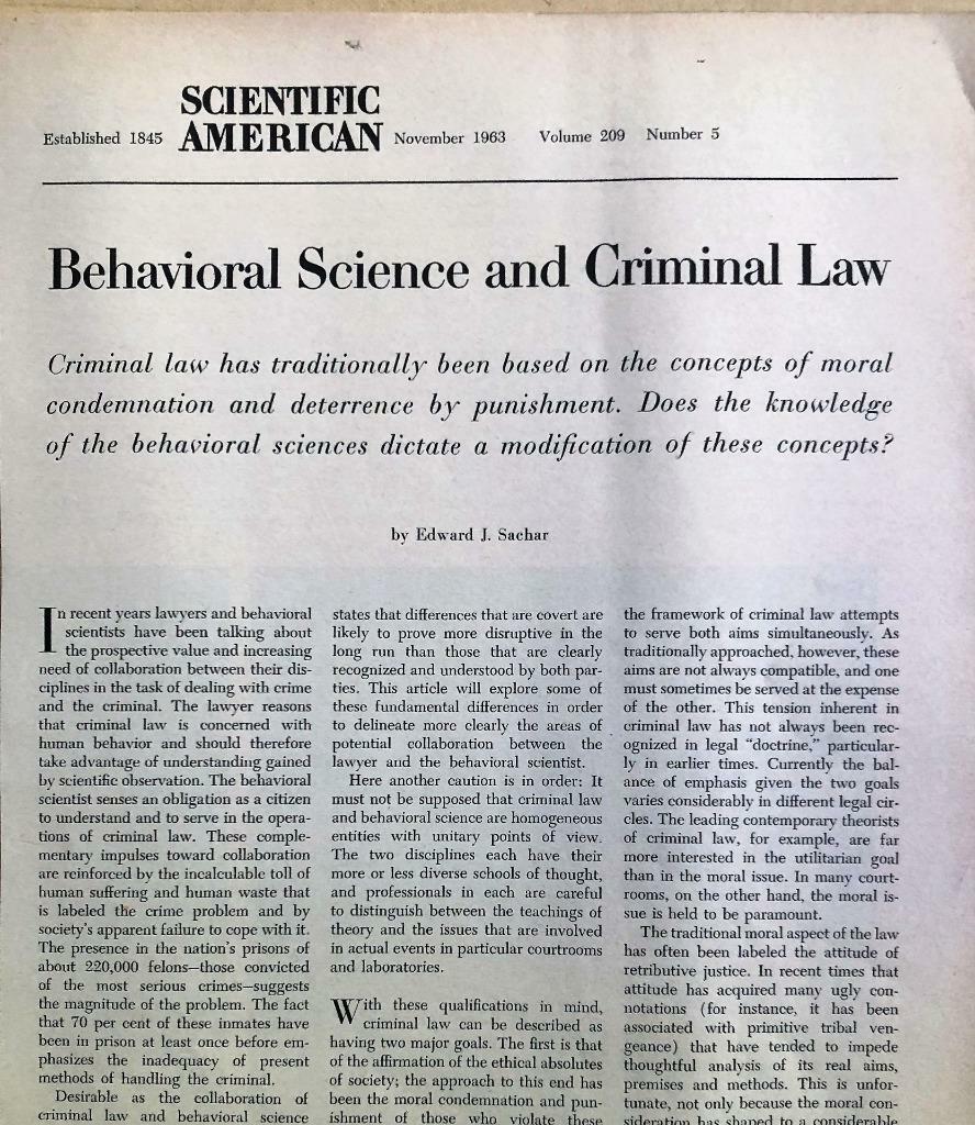 NOV 1963 MAGAZINE PG #L168- BEHAVIORAL SCIENCE AND CRIMINAL LAW, SET OF 4