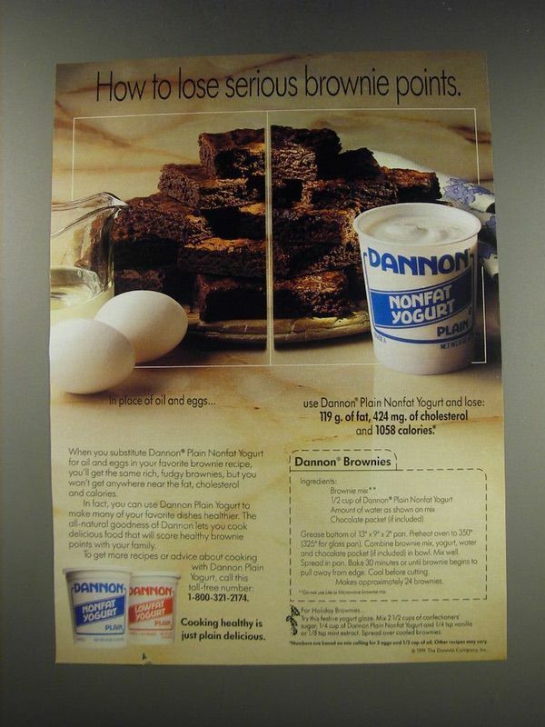 1991 Dannon Plain Nonfat Yogurt Ad - Brownies Recipe