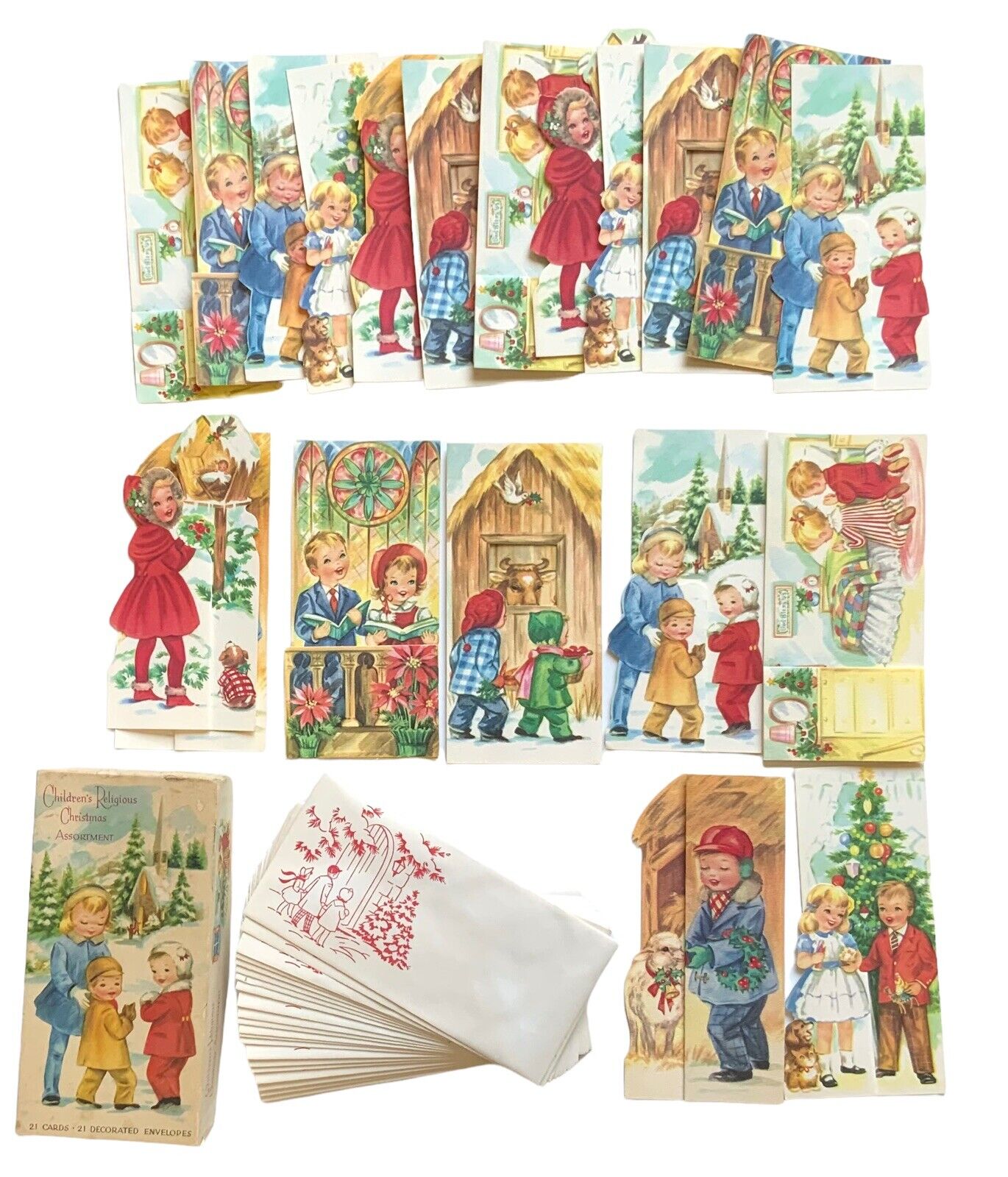Vintage Box 21 Christmas Cards Children Religious Pull Out Decorated Envelopes