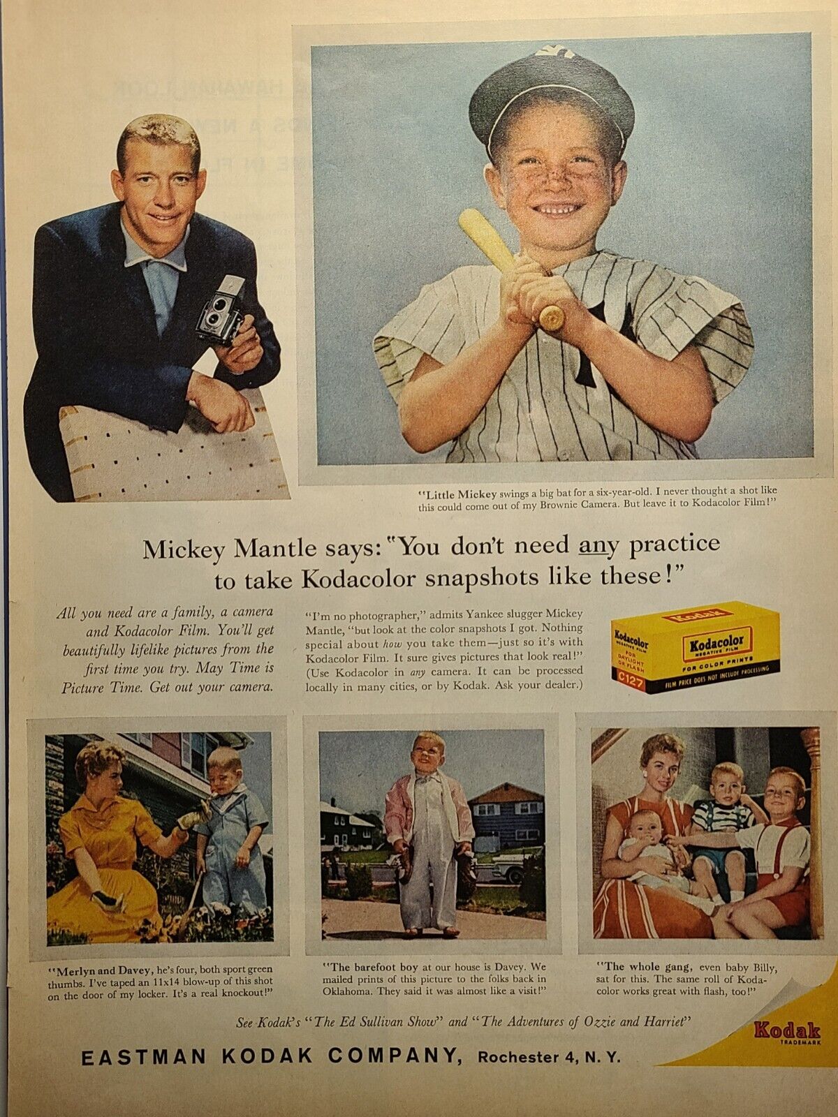 Kodak Film Mickey Mantle Brownie Camera Little Mickey 1959 Vintage Print Ad