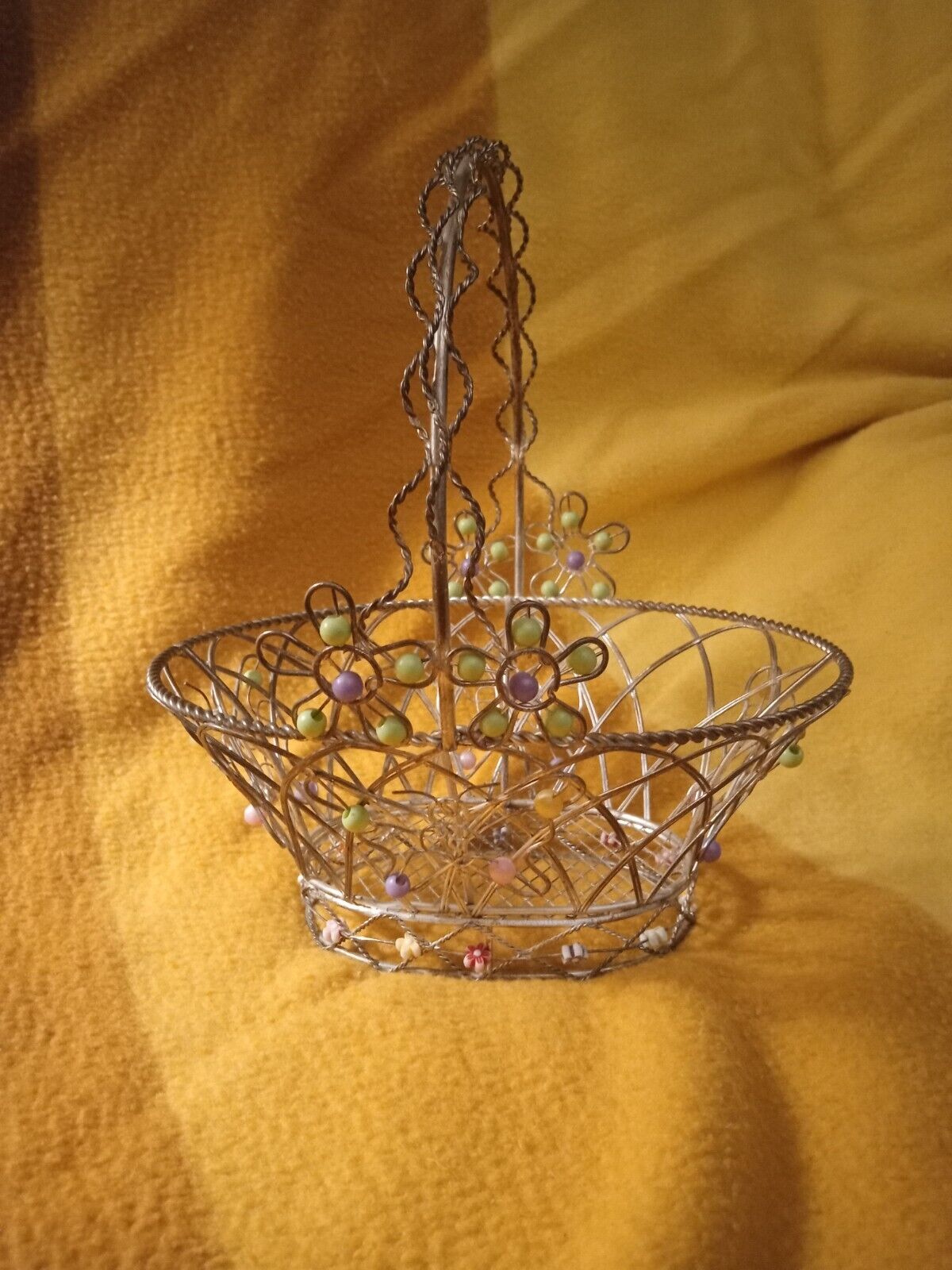 Vintage Metal Wire Basket With Beads & Flowers