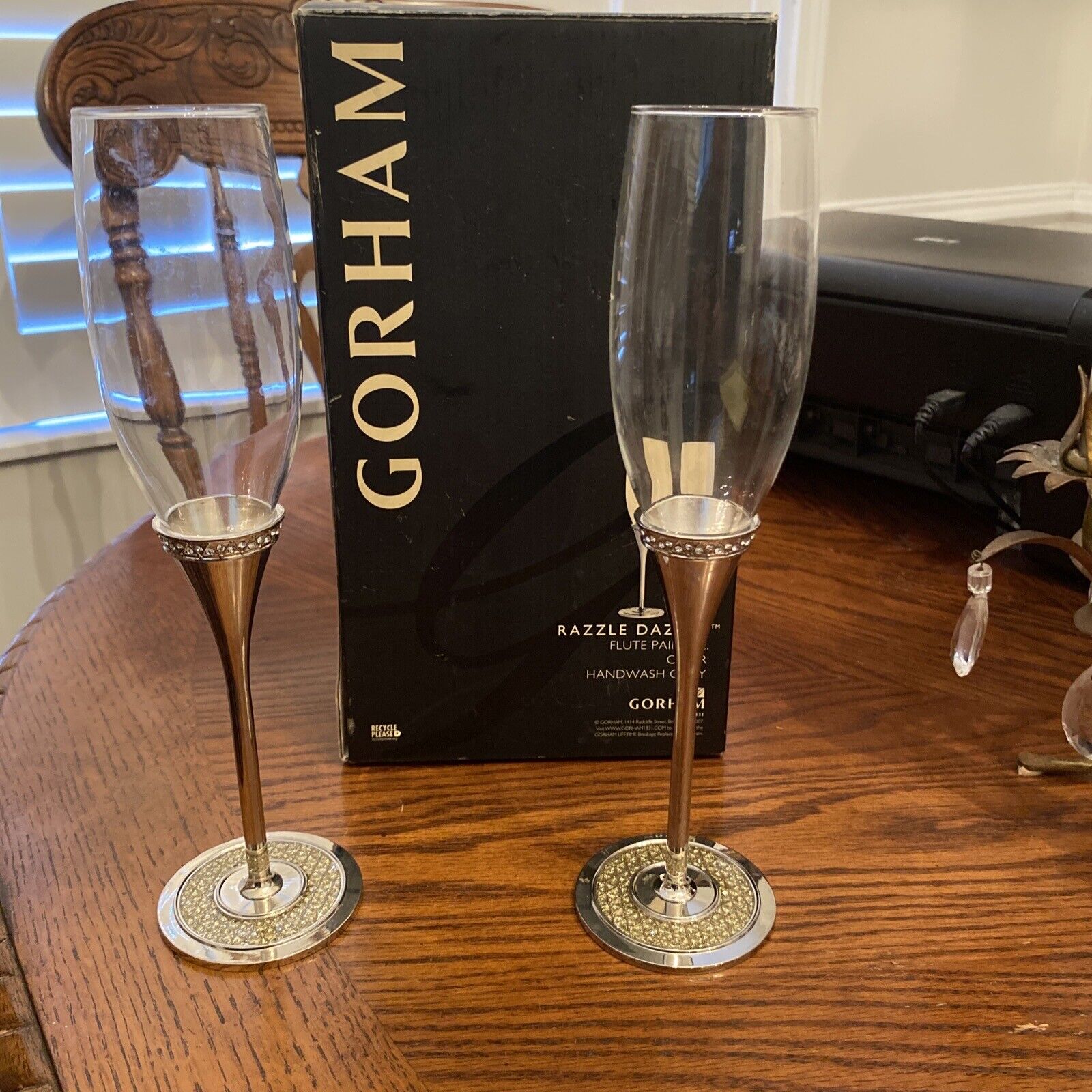 Gorham Razzle Dazzle Flute Pair Champagne Glasses Clear 8 Oz Silver Plate