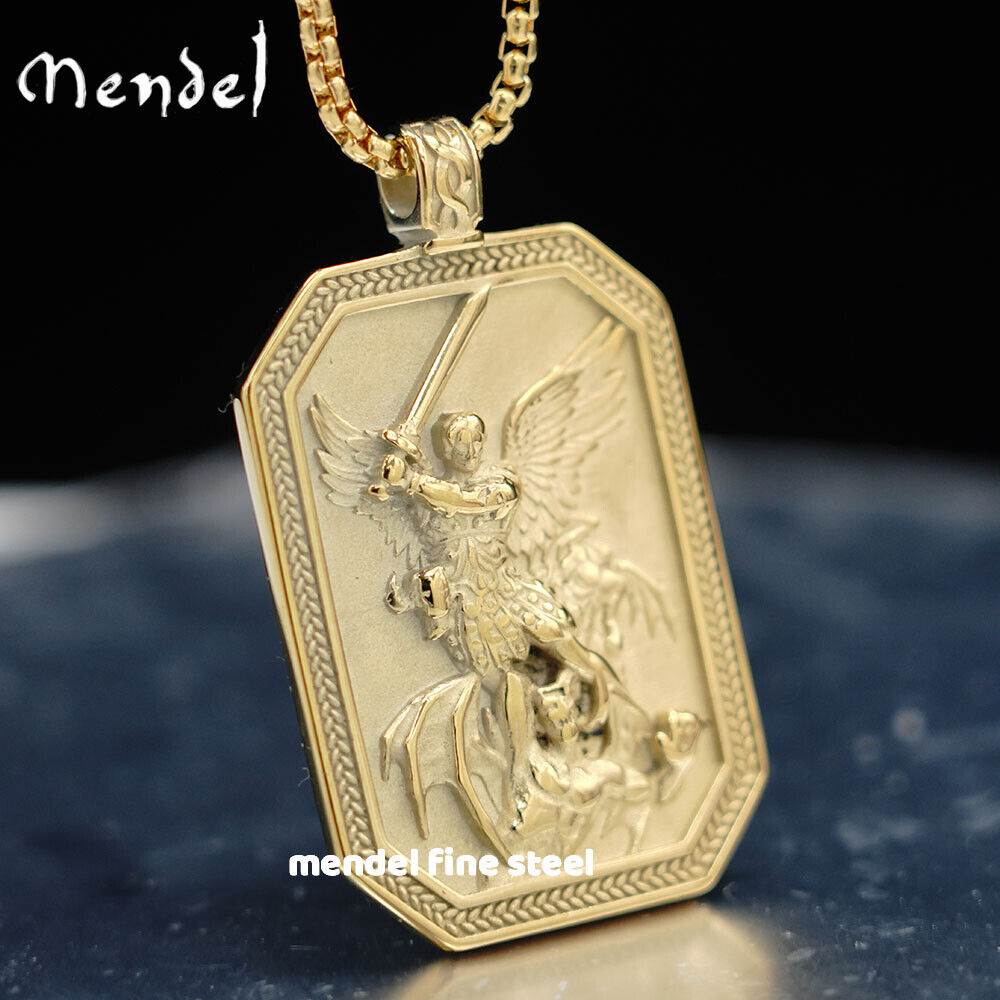 MENDEL Gold Mens St Saint Michael Archangel Medal Medallion Pendant Necklace Men