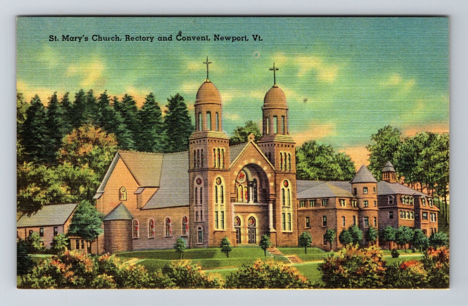 Newport VT-Vermont, St Mary\'s Church, Rectory Convent Vintage Souvenir Postcard