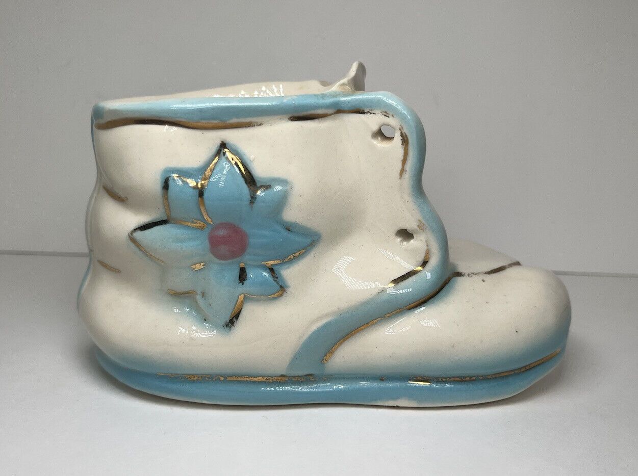 Vintage  Ceramic Blue Baby Bootie Planter Vase 5.5\