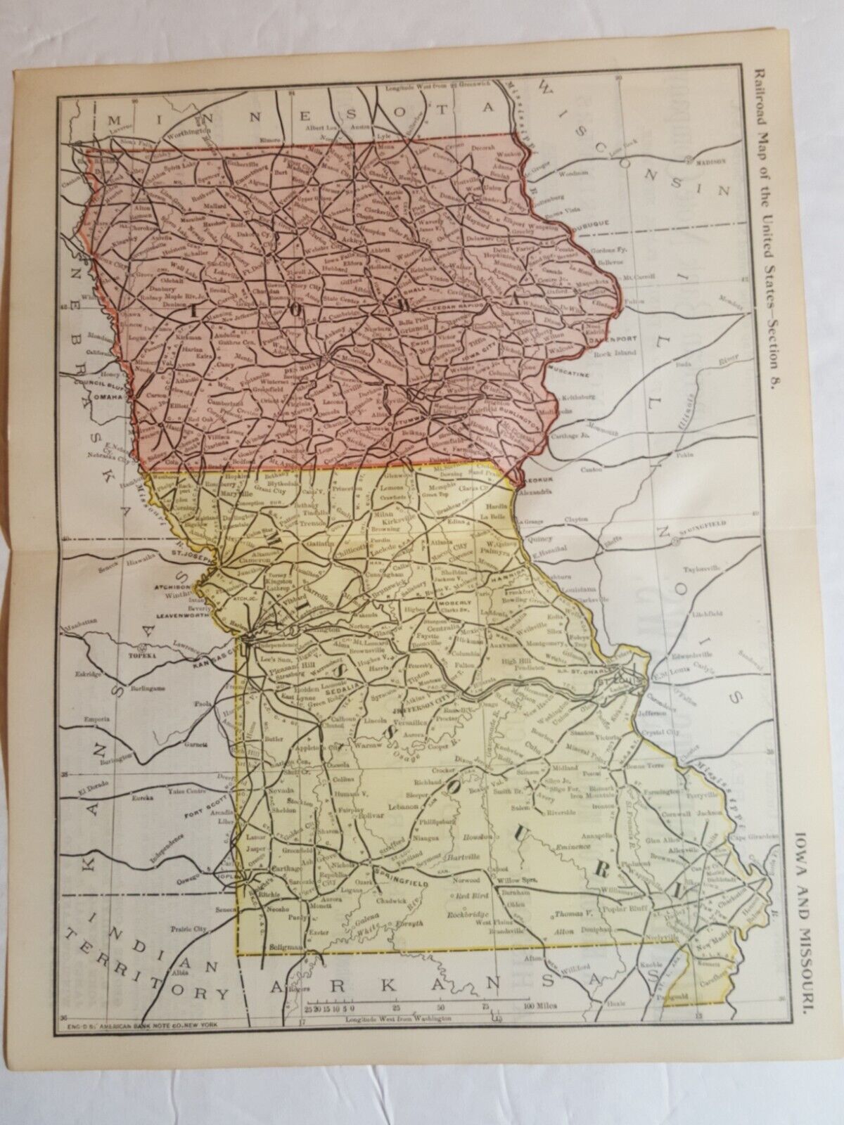 Vintage 1895 railroad route map Iowa & Missouri all train stations 9\