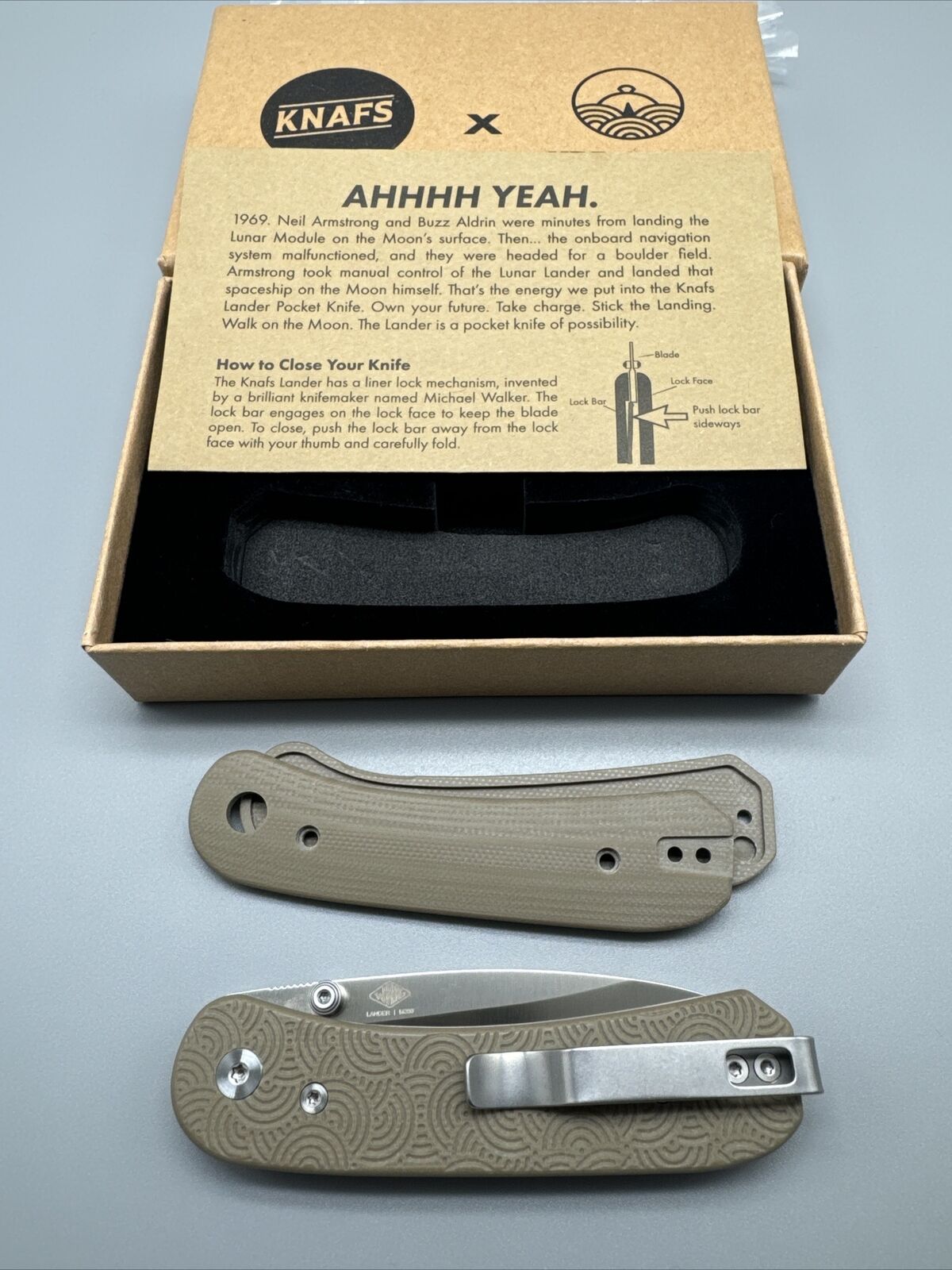 Knafs Co. Urban EDC Exclusive Seigaiha Lander Tan G10 M390 Knife- Two Scale Sets