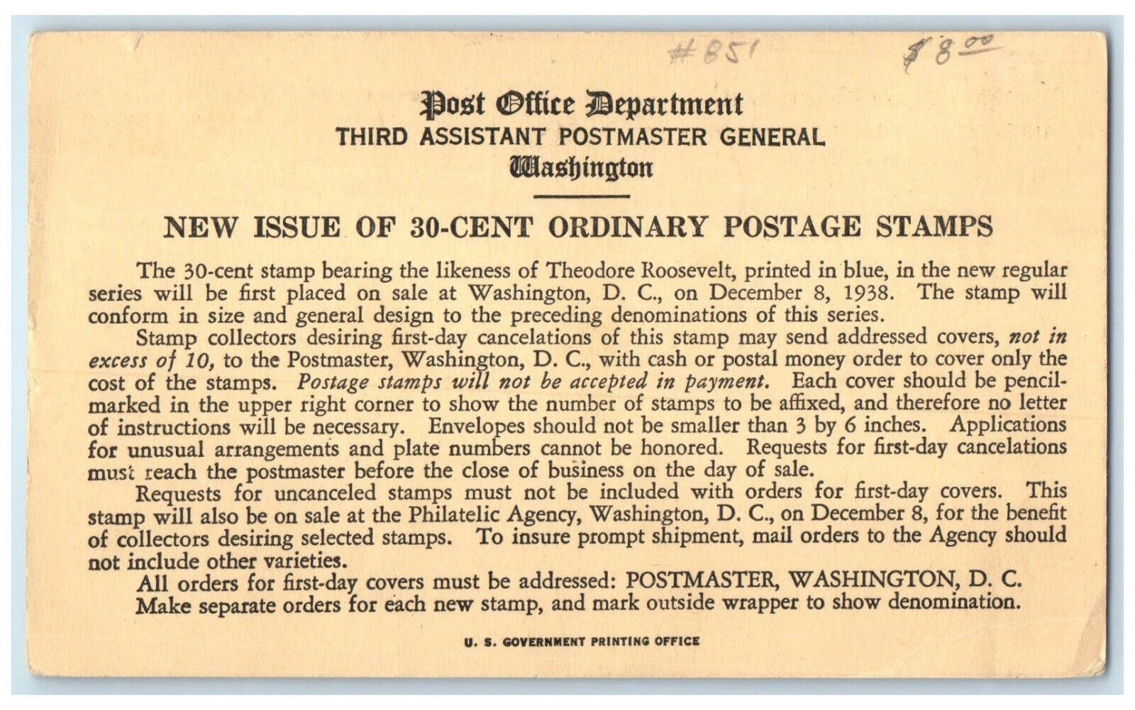 1938 Third Assistant Postmaster General Washington DC Vintage Postal Card