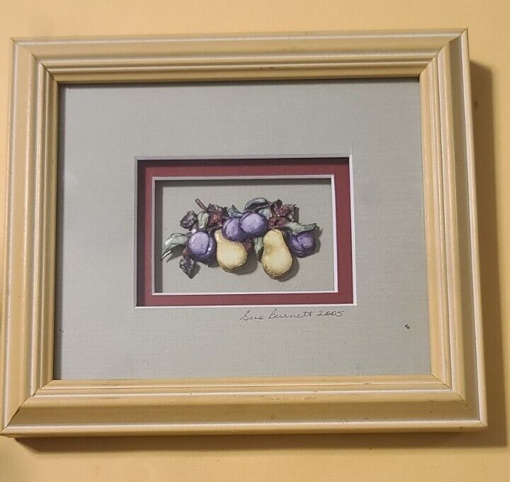 3d Paper Tole Art Pears Plums & Berries Signed Sue Burnett 2005 Shadow Box Frame