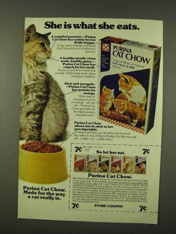 1973 Purina Cat Chow Ad - She Is What She Eats