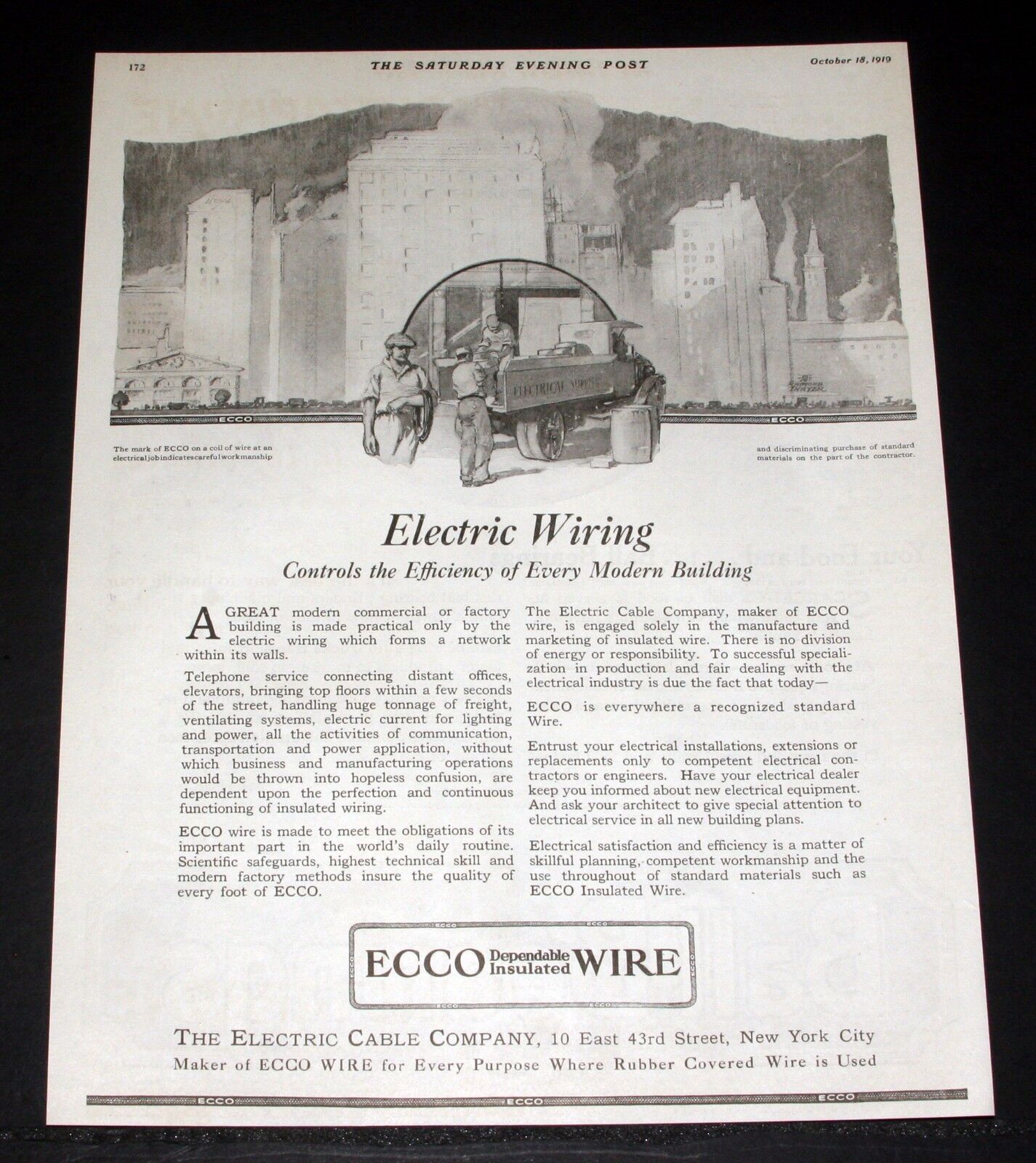 1919 OLD MAGAZINE PRINT AD, ECCO INSULATED ELECTRIC WIRE, RAYMOND THAYER ART