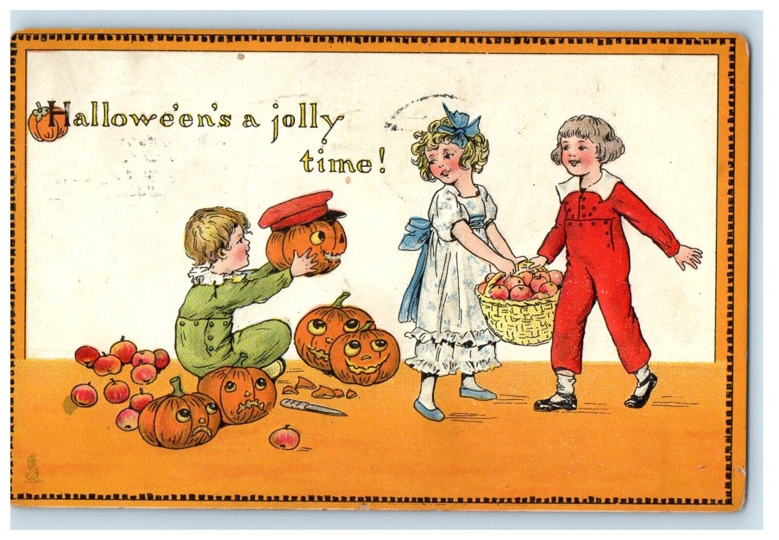 1914 Halloween Jolly Time Tuck JOL Children Girl Dress Apples Embossed Postcard