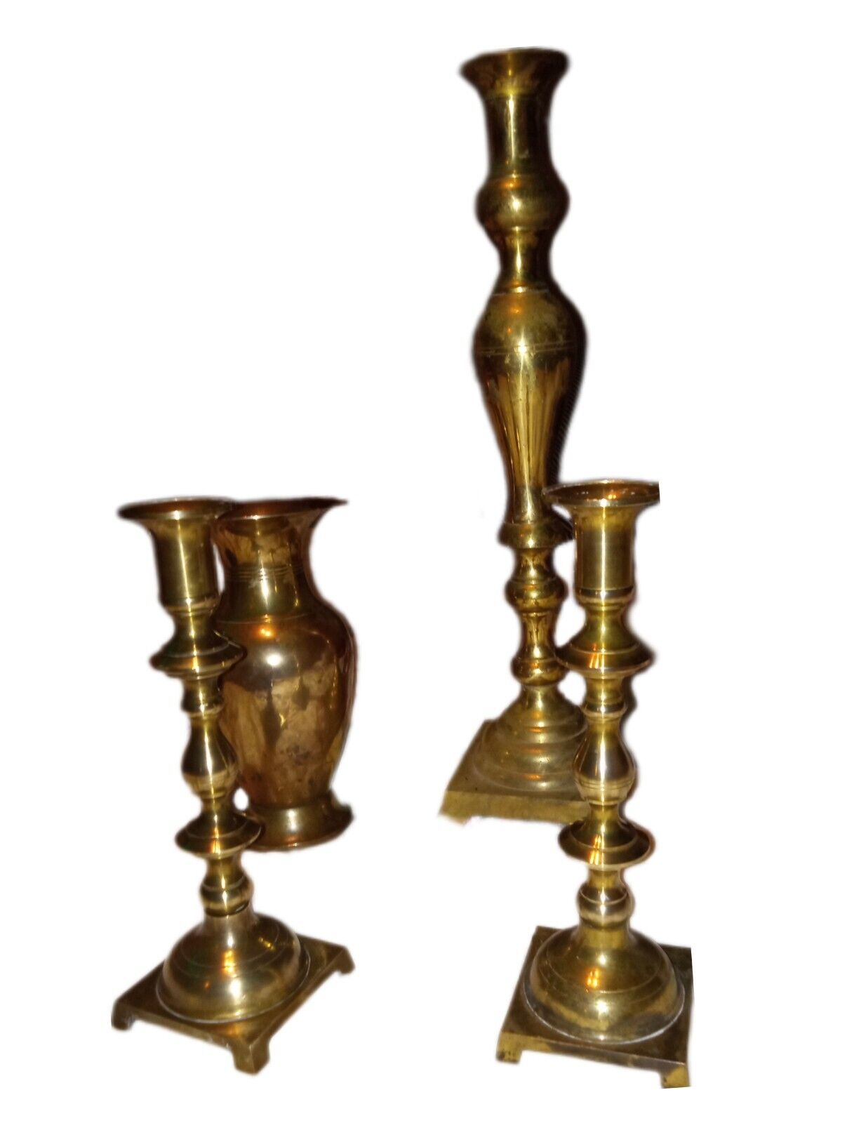 Vintage 4 PC. brass candlestick holders made in Japan set of 3 with Brass Vase