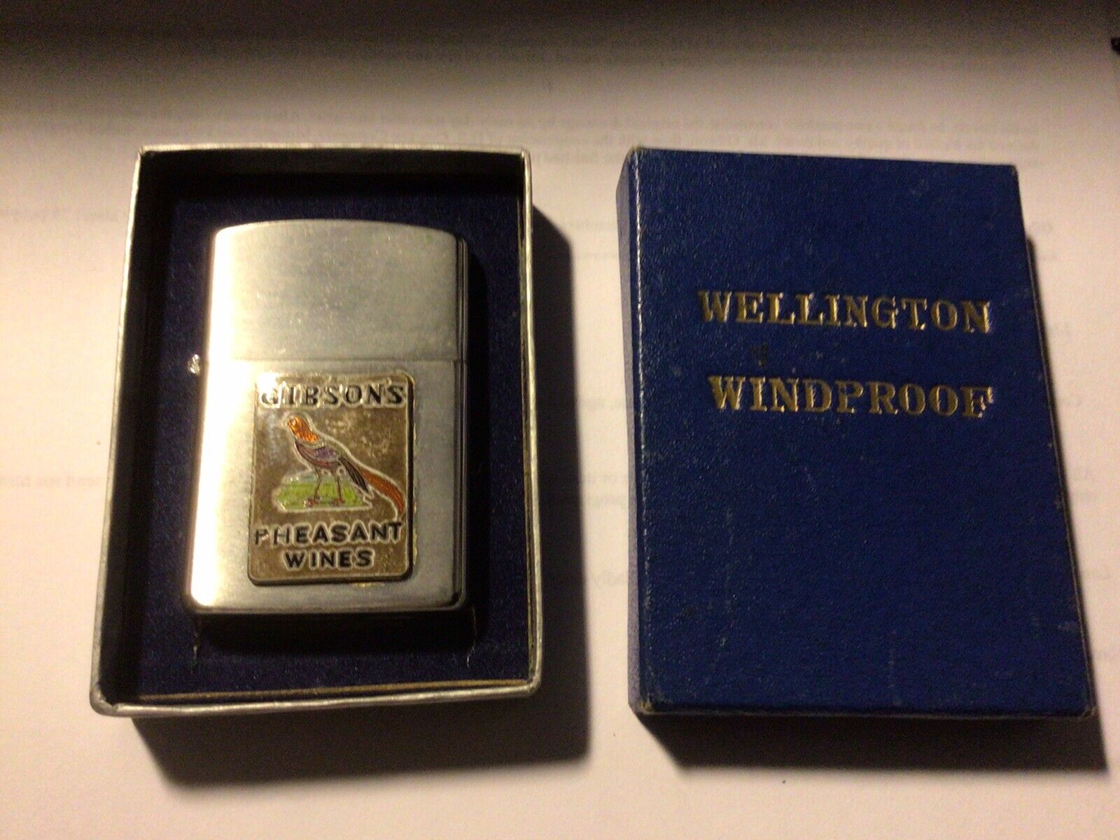 Wellington Windproof #1984 Gibson’s Winery 5-20-55 in box