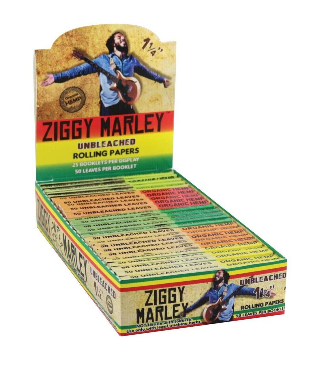 25 Booklets Disp (50 Leaves/booklet)Ziggy Marley Unbleached Rolling Papers 1 1/4