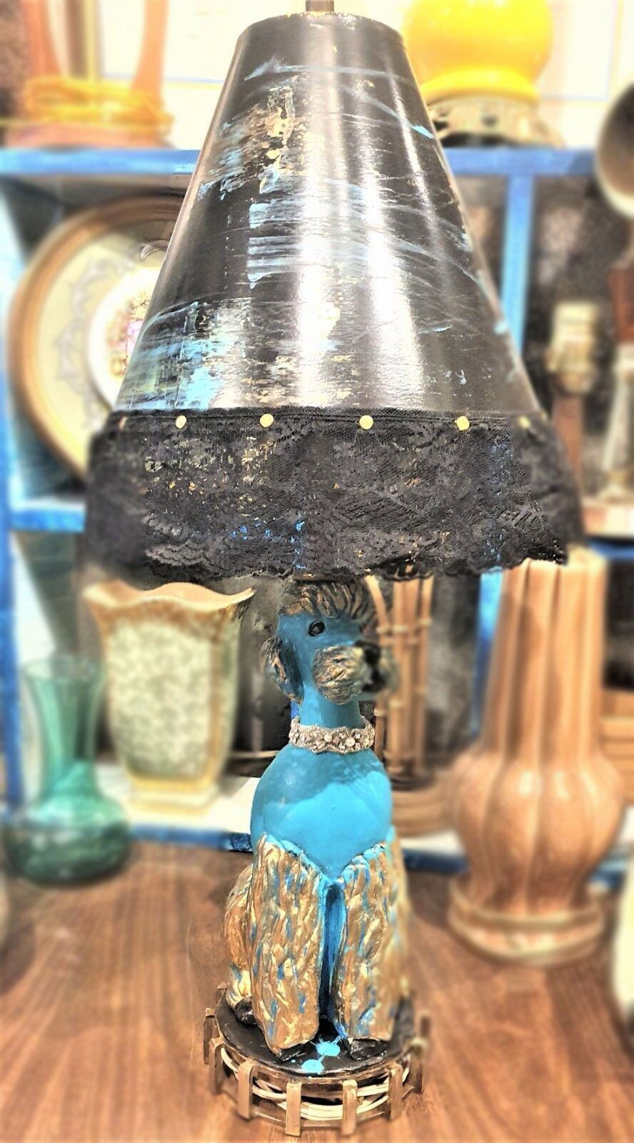 Bling Bling Poodle Lamp hand painted with hand painted shade VINTAGE redux.