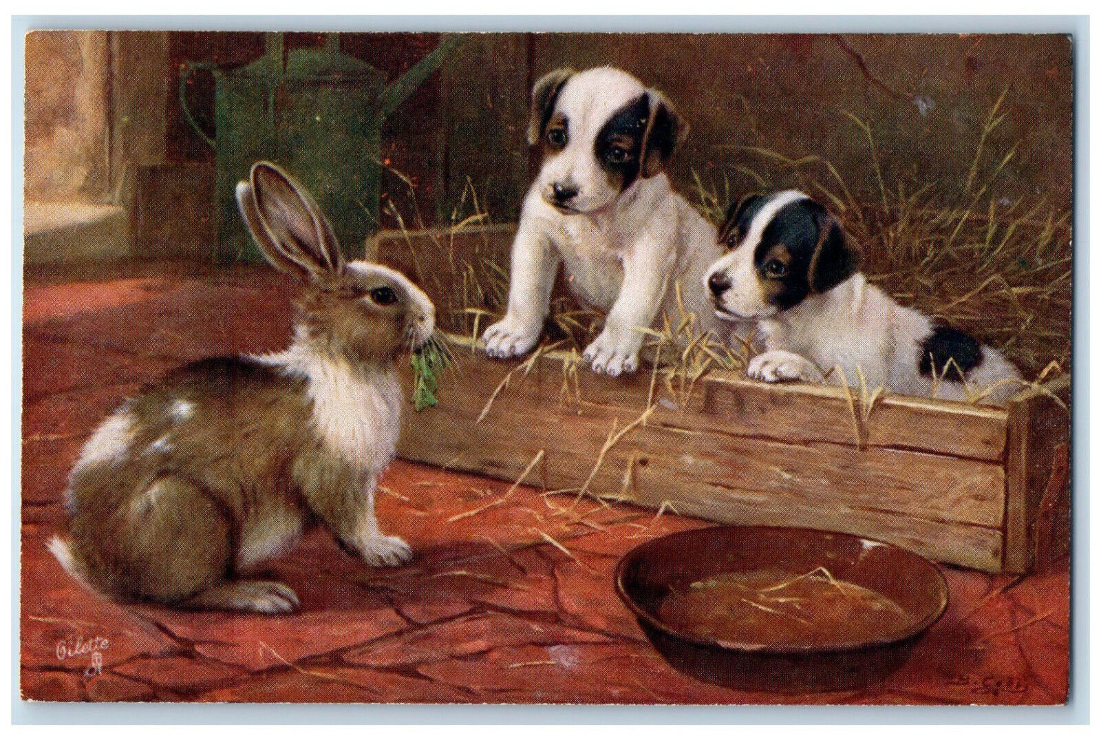 Postcard Terrier Puppies with Bunny c1910 Unposted Oilette Tuck Dogs