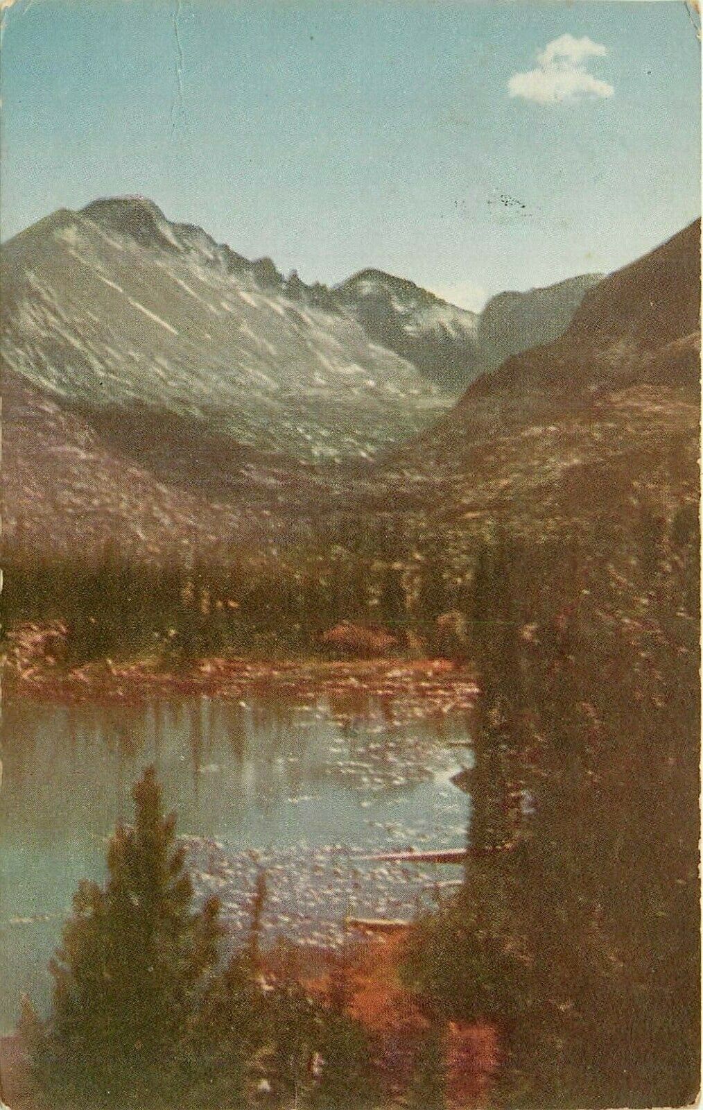 Long Peak Nymph Lake Rocky Mountain National Park Colorado pm 1944 Postcard