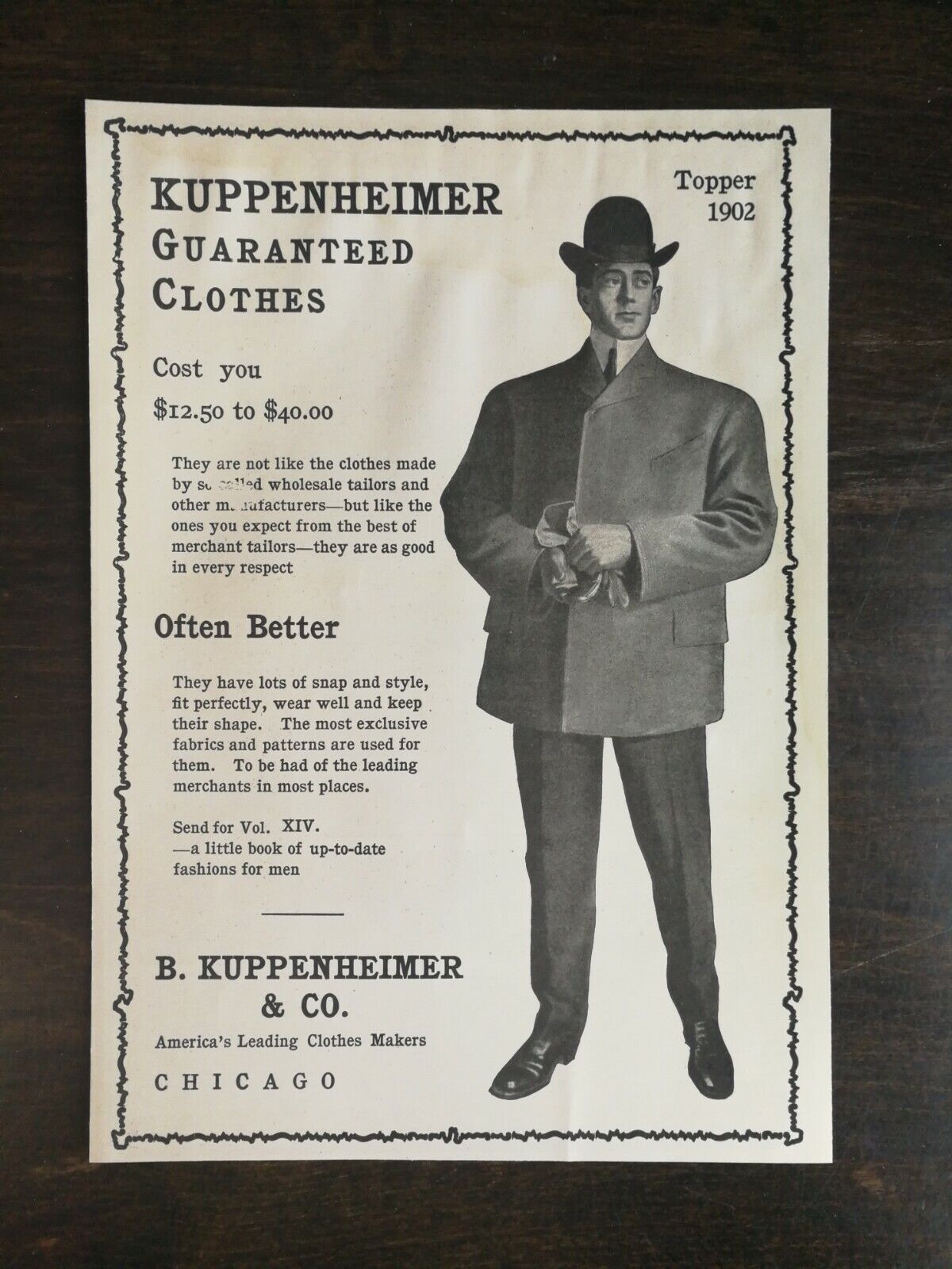 Vintage 1902 Kuppenheimer Men\'s Cloths B. Kuppenheimer & Co  Original Ad - 1021