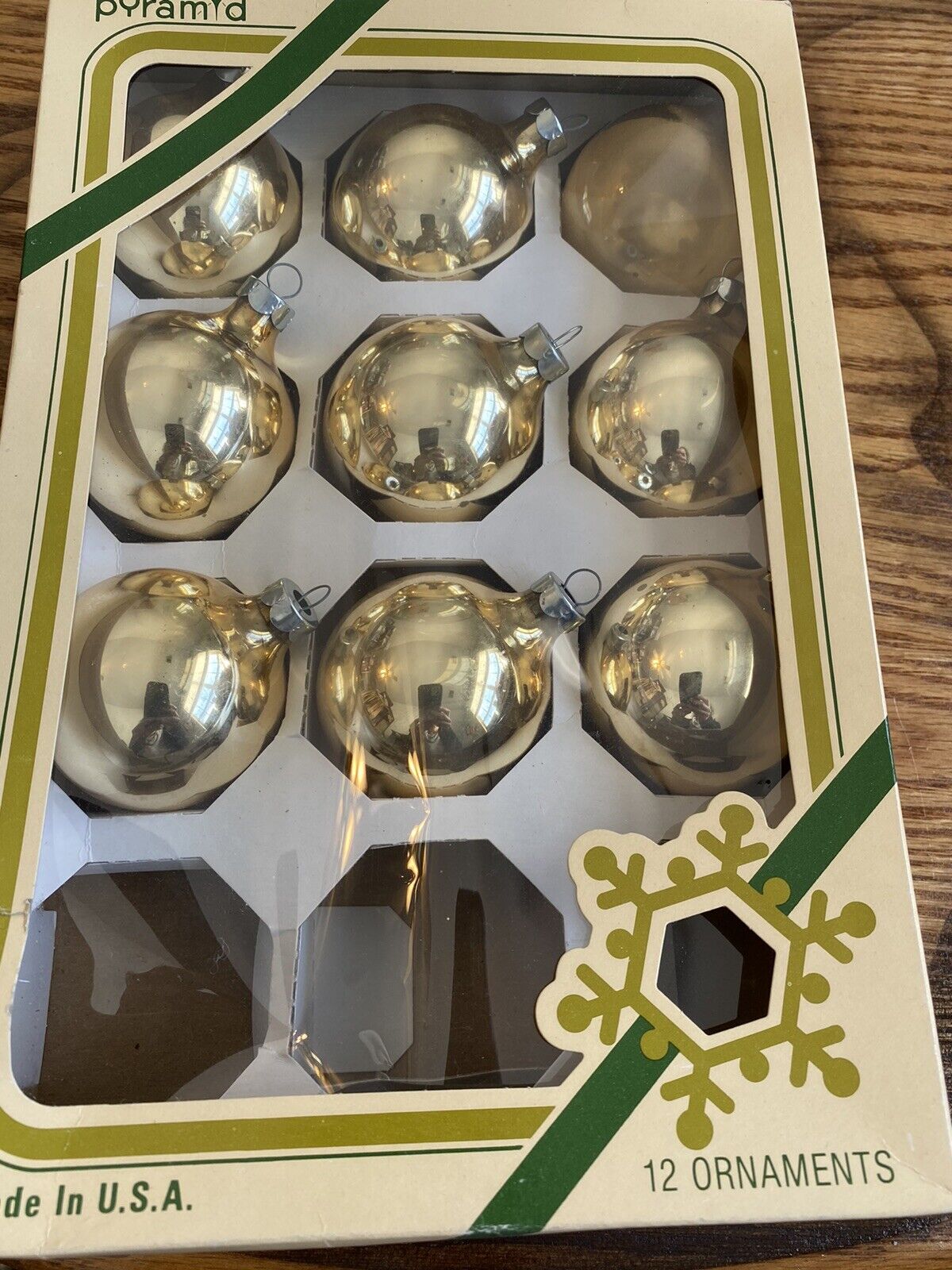 Set Of 9 Vintage PYRAMID Glass Christmas Ornament Balls Gold