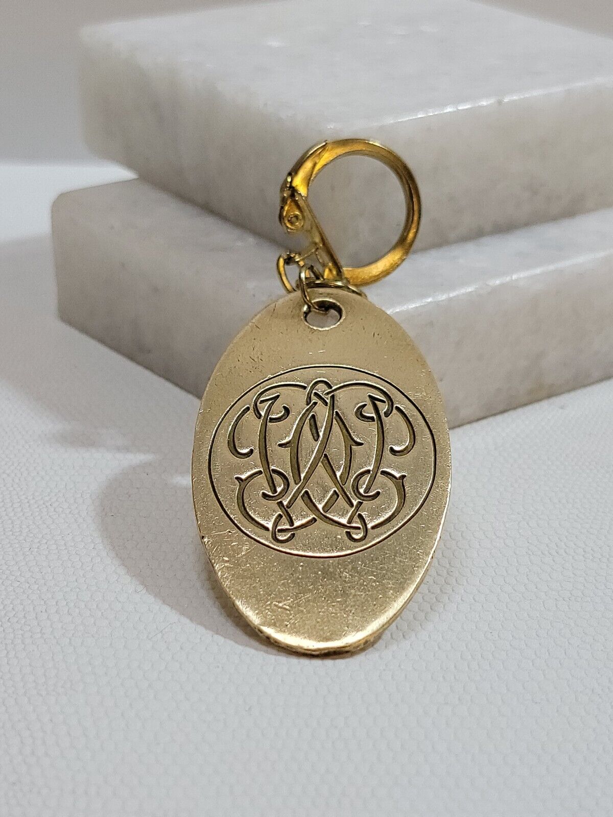 Vintage Victorian monogram keychain solid brass plate Double C,  CC WCC Oval
