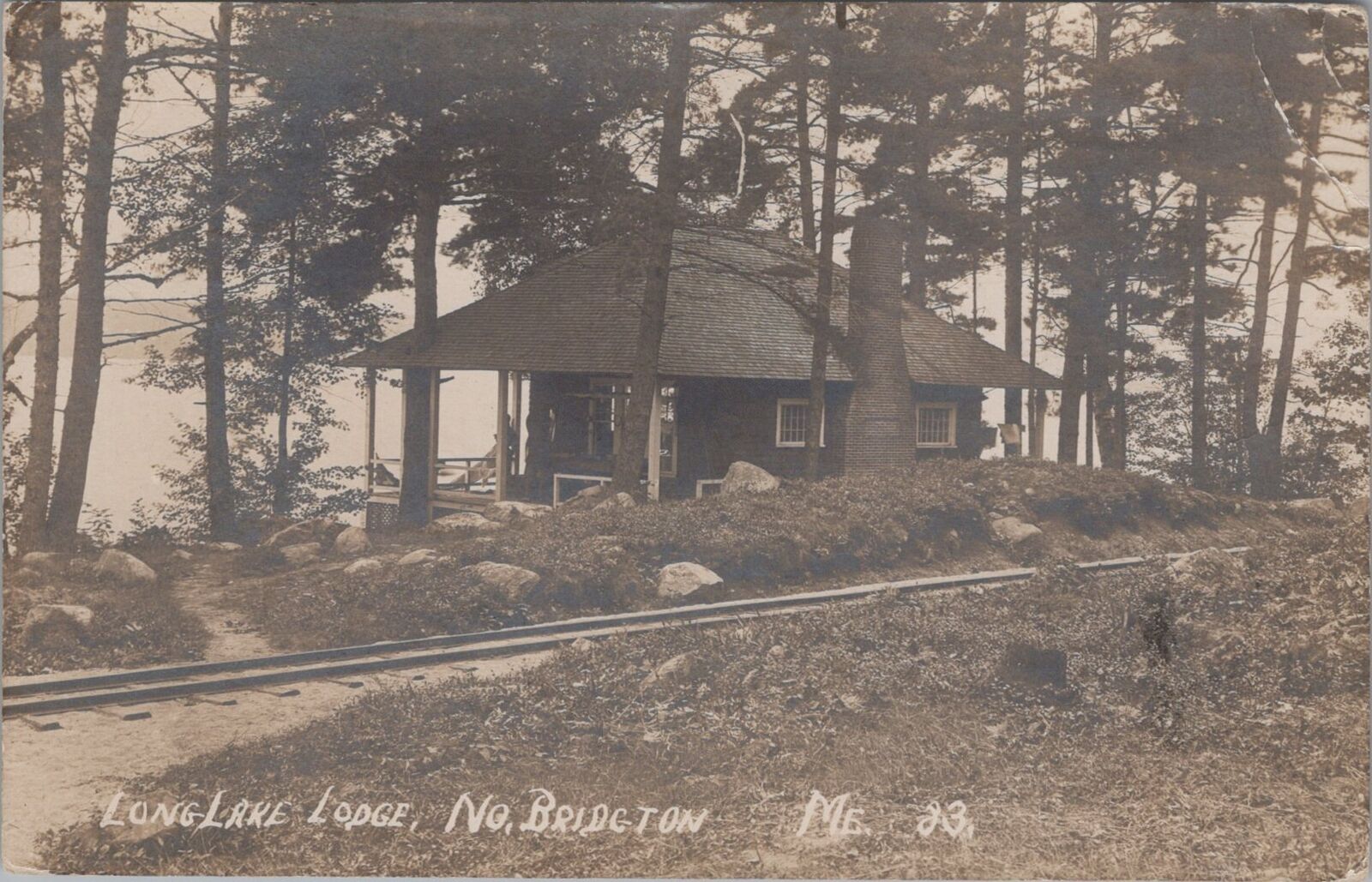 Long Lake Lodge,Railroad, North Bridgton, Maine 1917 RPPC Real Photo Postcard