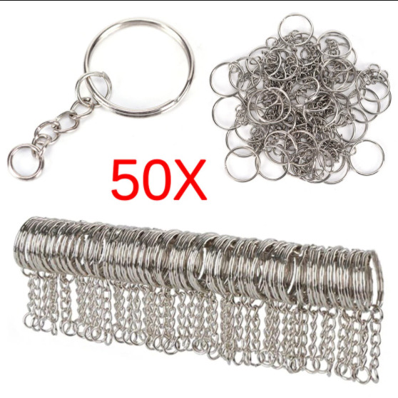 50 Stainless Steel Key Rings Split Hoop-25mm DIY Metal Loop w/ Affiliated Chain