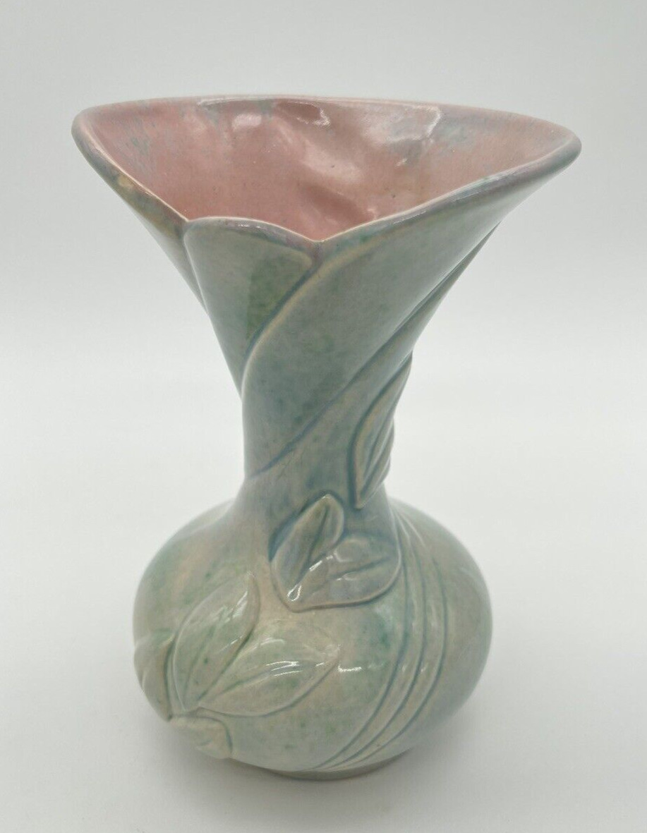Vintage Gonder USA Blue & Pink Raised Relief Leaf Ceramic Vase 6\