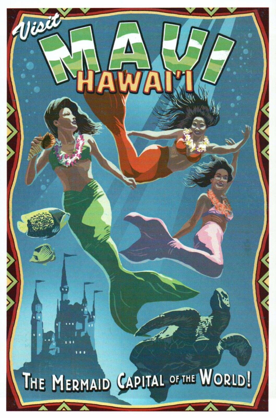 Visit Maui Hawaii The Mermaid Capital of the World, Turtle etc - Modern Postcard
