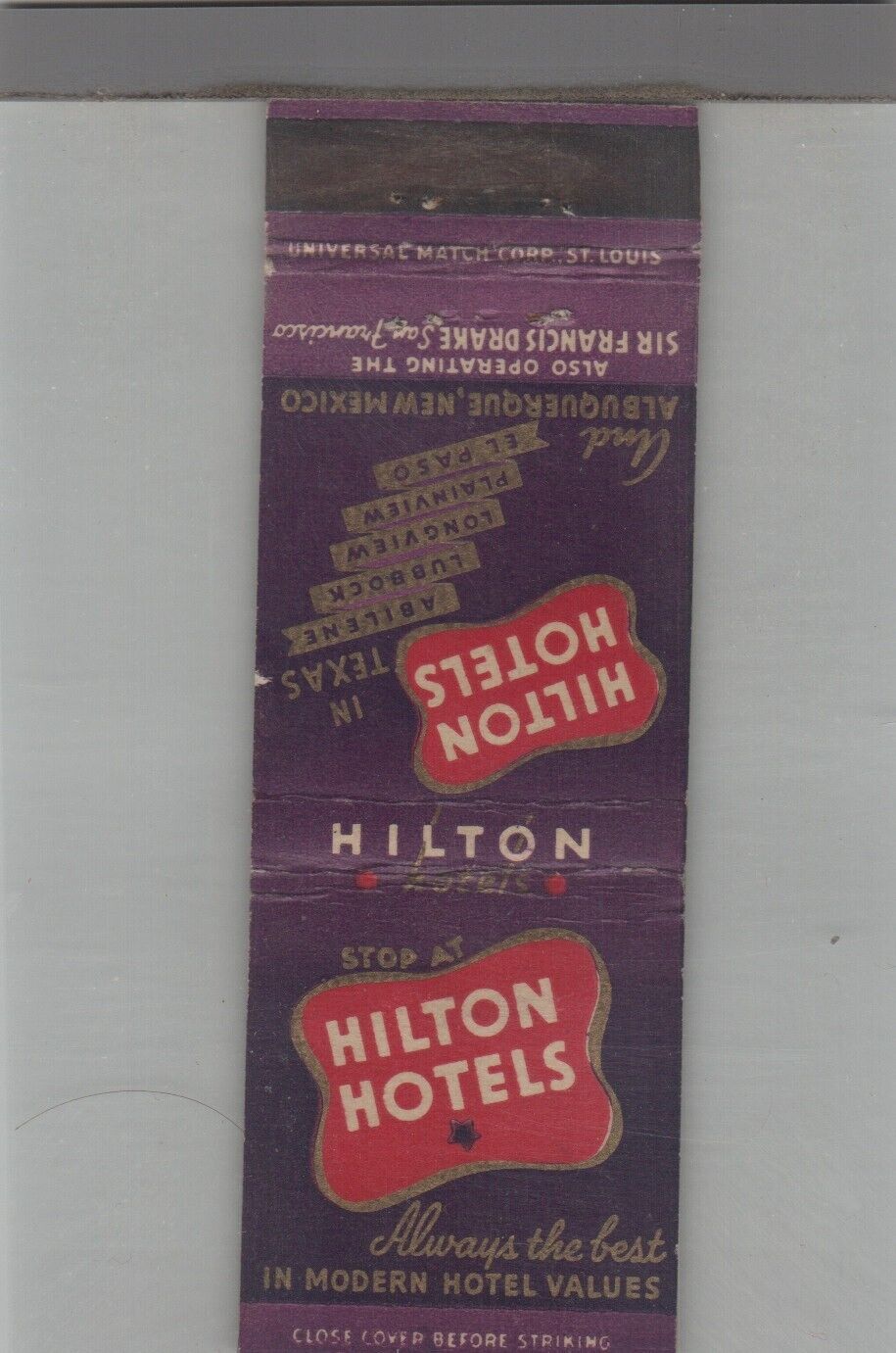 Matchbook Cover Hilton Hotels Always The Best In Modern Hotel Values