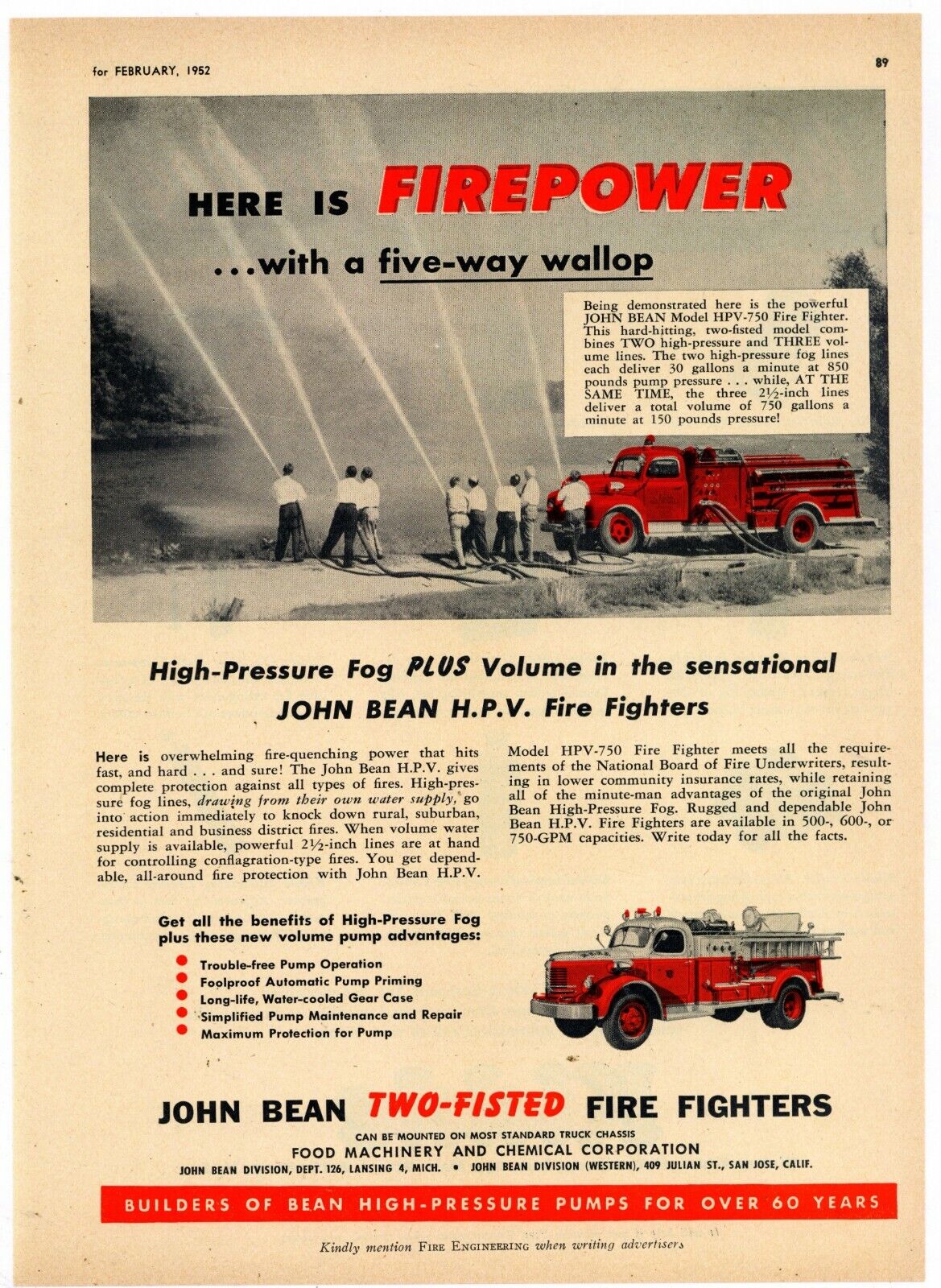 1952 John Bean HPV Fire Fighters Ad: Model 750 Pictured - Lansing, Michigan