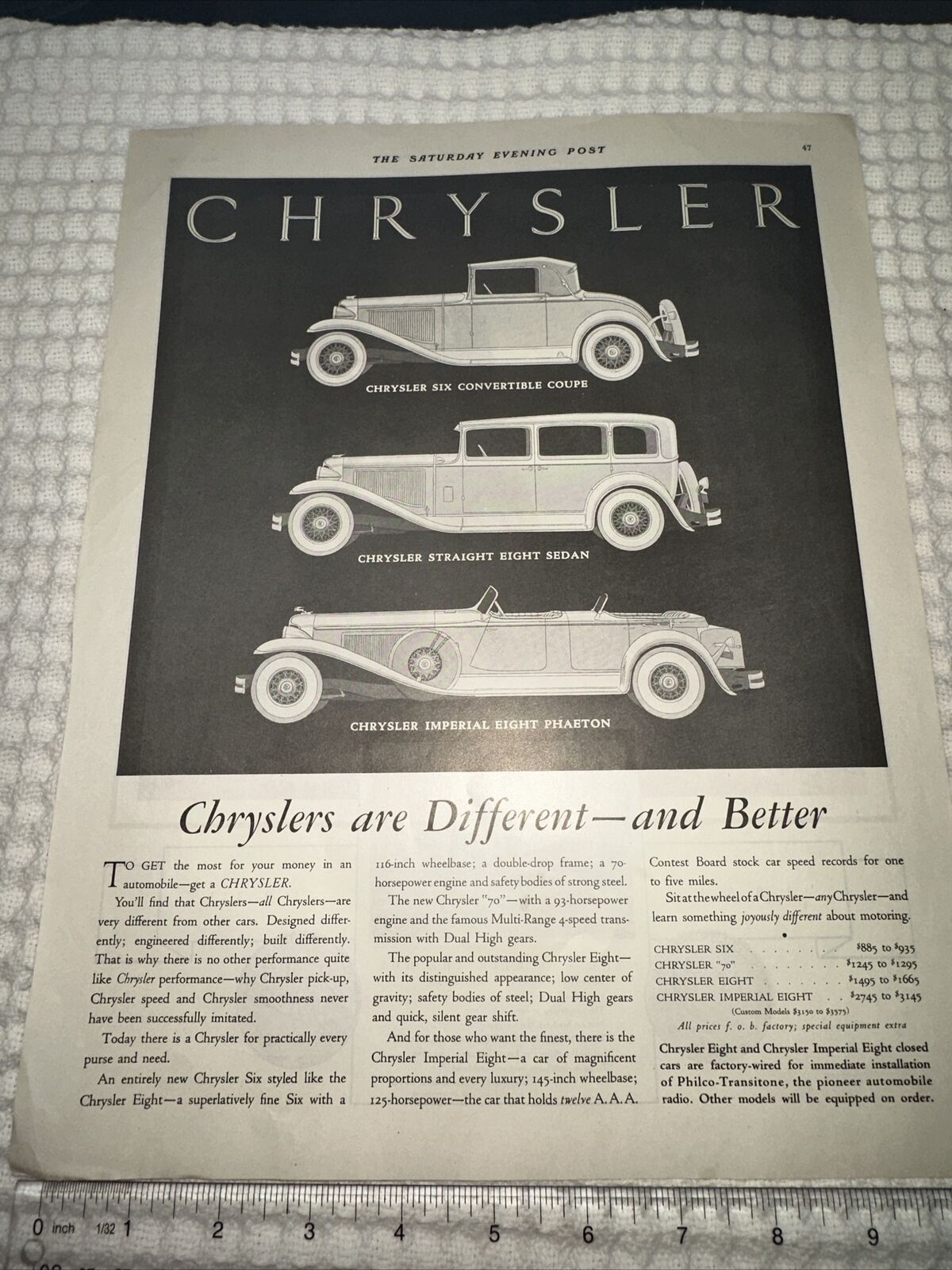 1931 ( PRINT AD )  Chrysler 11 X 13” Approx. “ Chryslers Are Different & Better”