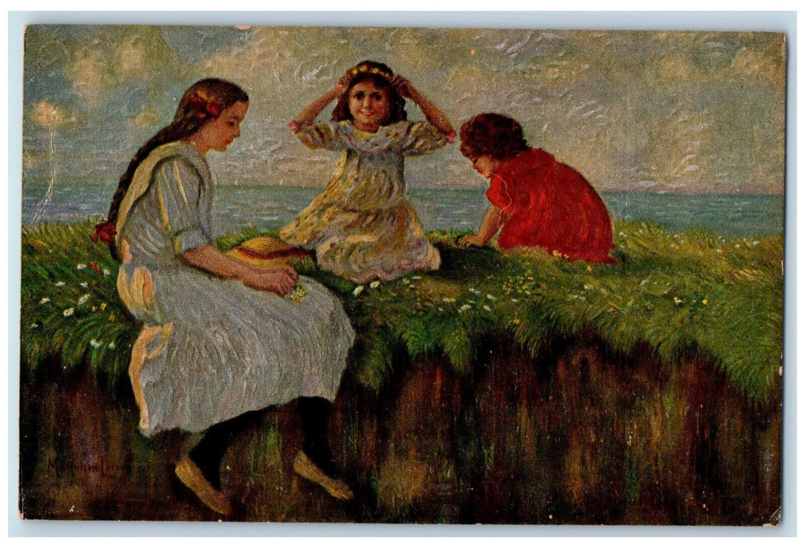 c1910 Three Ladies Picking Flowers Unposted Antique Embossed Postcard
