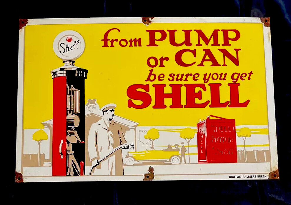VINTAGE 1947 SHELL PUMP CAN 20” PORCELAIN SIGN CAR TRUCK OIL GAS AUTOMOBILE
