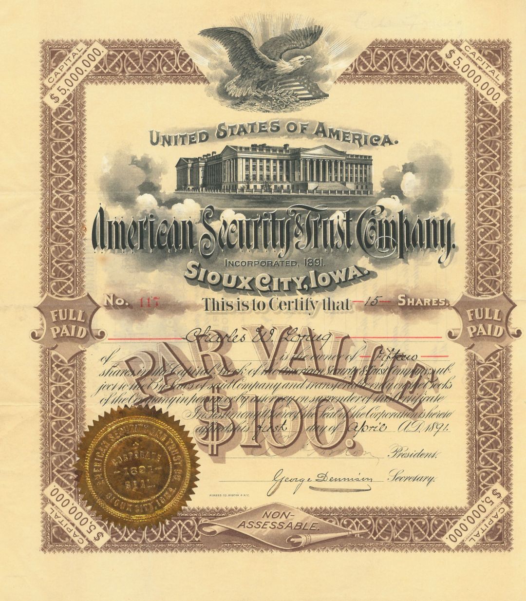 American Security and Trust Co. - $100 Bond - Banking Bonds