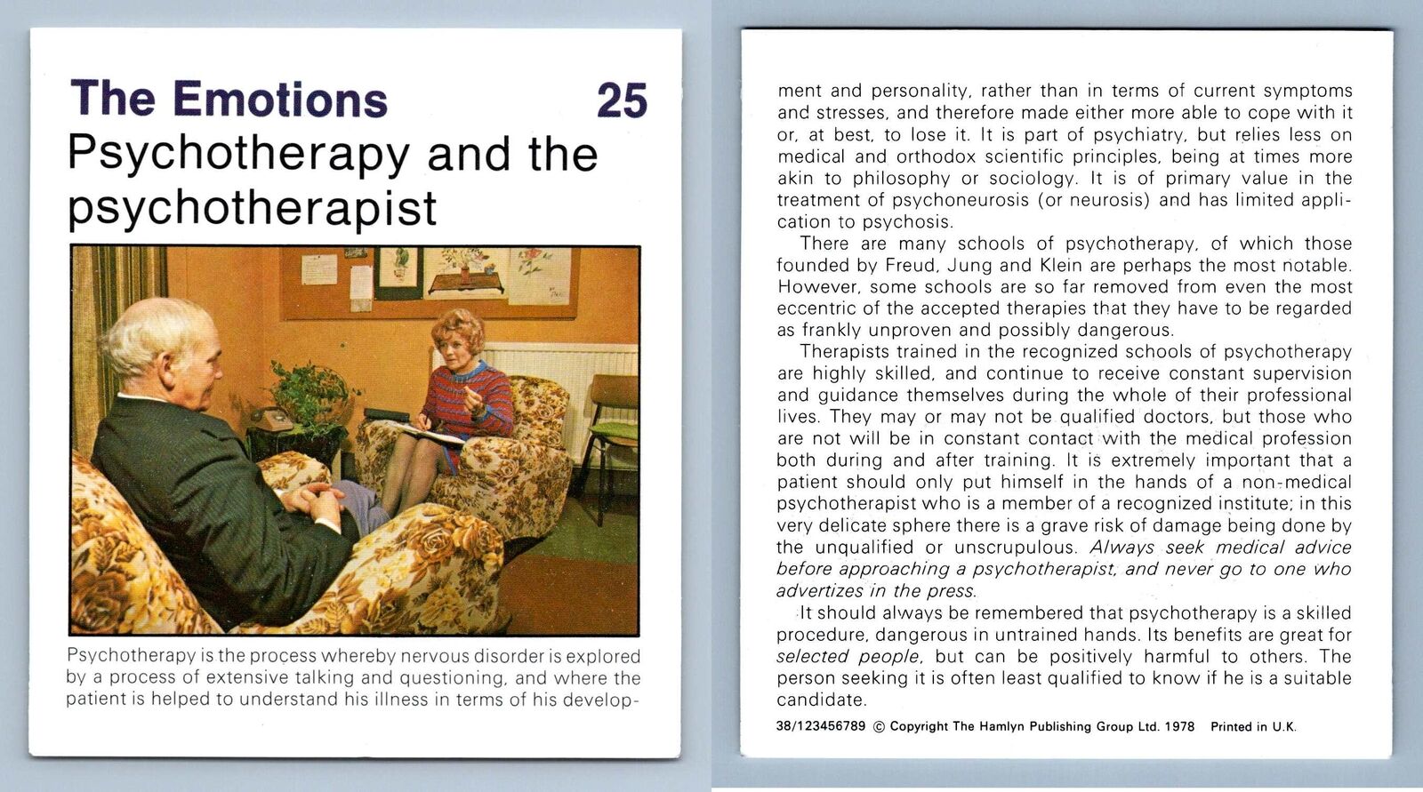 Psychotherapy & Psychotherapist #25 Emotions Home Medical Guide 1975 Hamlyn Card
