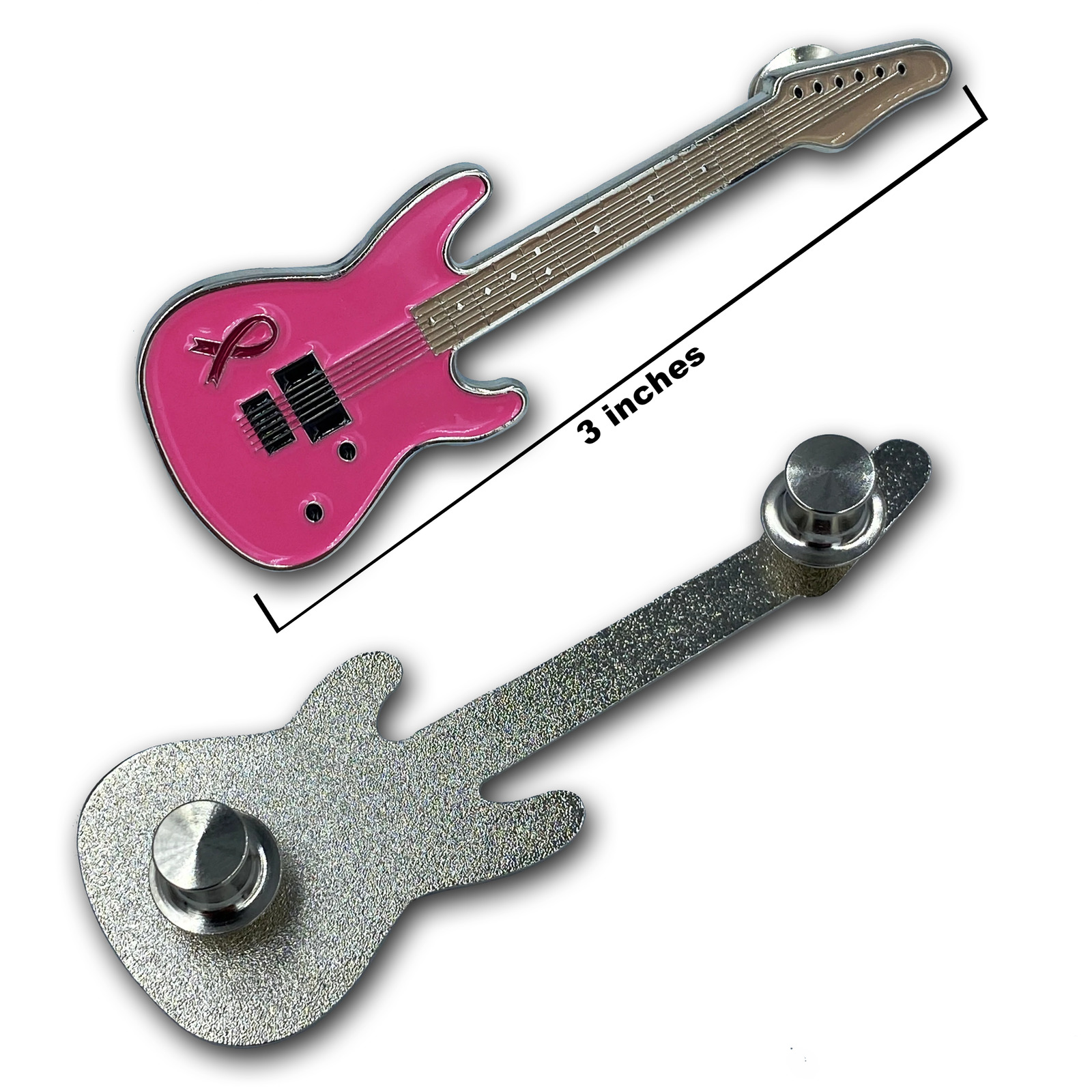 FF-022 Pink Ribbon Breast Cancer Awareness Ribbon Guitar pin 3 inch with 2 pin p